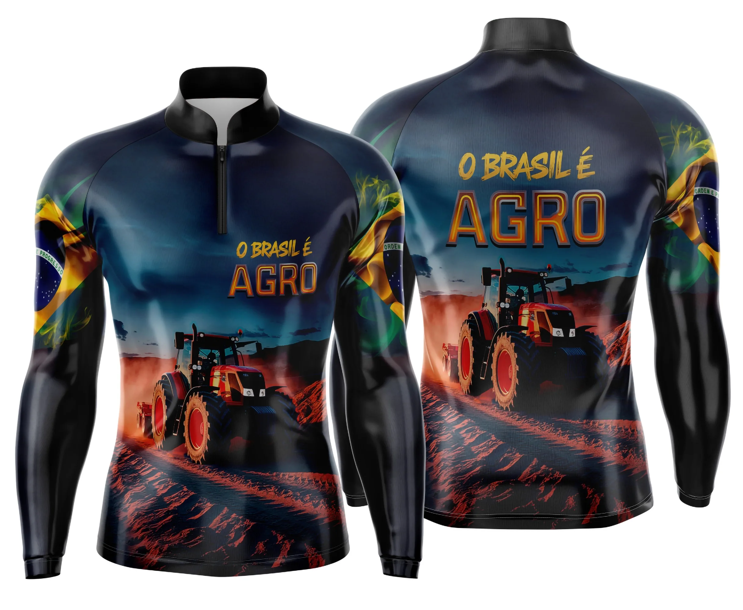 Camiseta unissex preta com logo no peito e estampa grande nas costas mostrando design com tema Agro Mod 0014, ideal para quem gosta do estilo agrícola moderno.