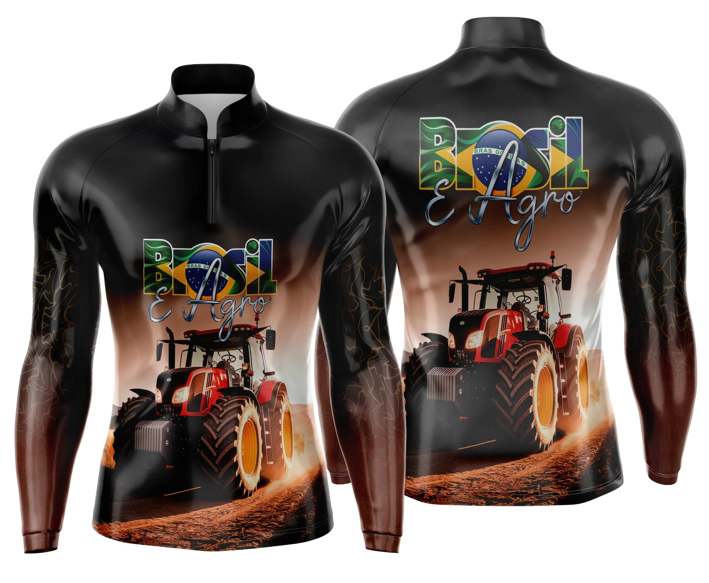 Camiseta unissex preta com logo no peito e estampa grande nas costas com tema Agro Mod 0016, ideal para quem busca estilo rural e moderno.