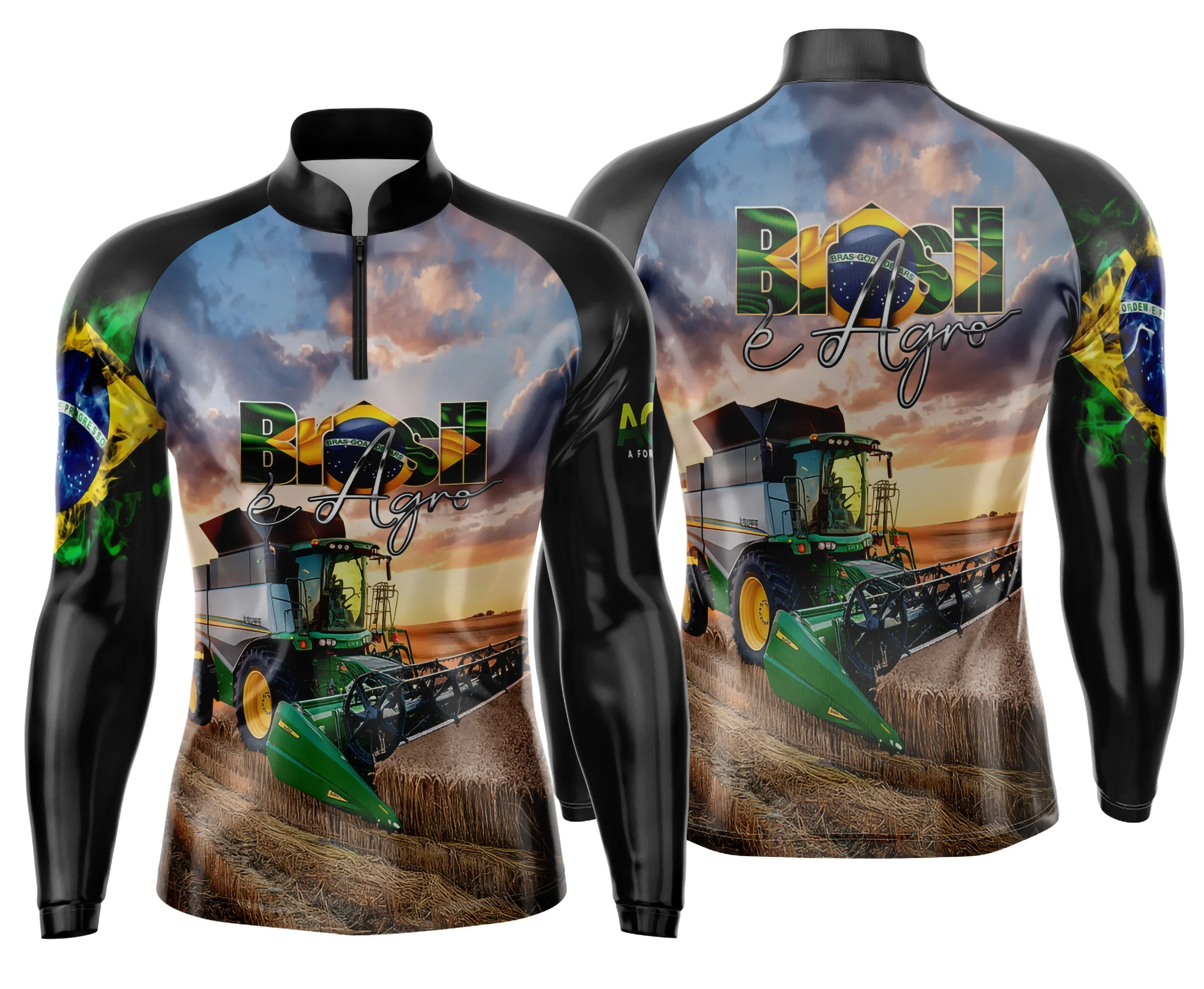 Camiseta unissex preta com logo no peito e estampa grande nas costas, tema Agro Mod 0019, estilo moderno e rústico, ideal para momentos no campo e lazer.