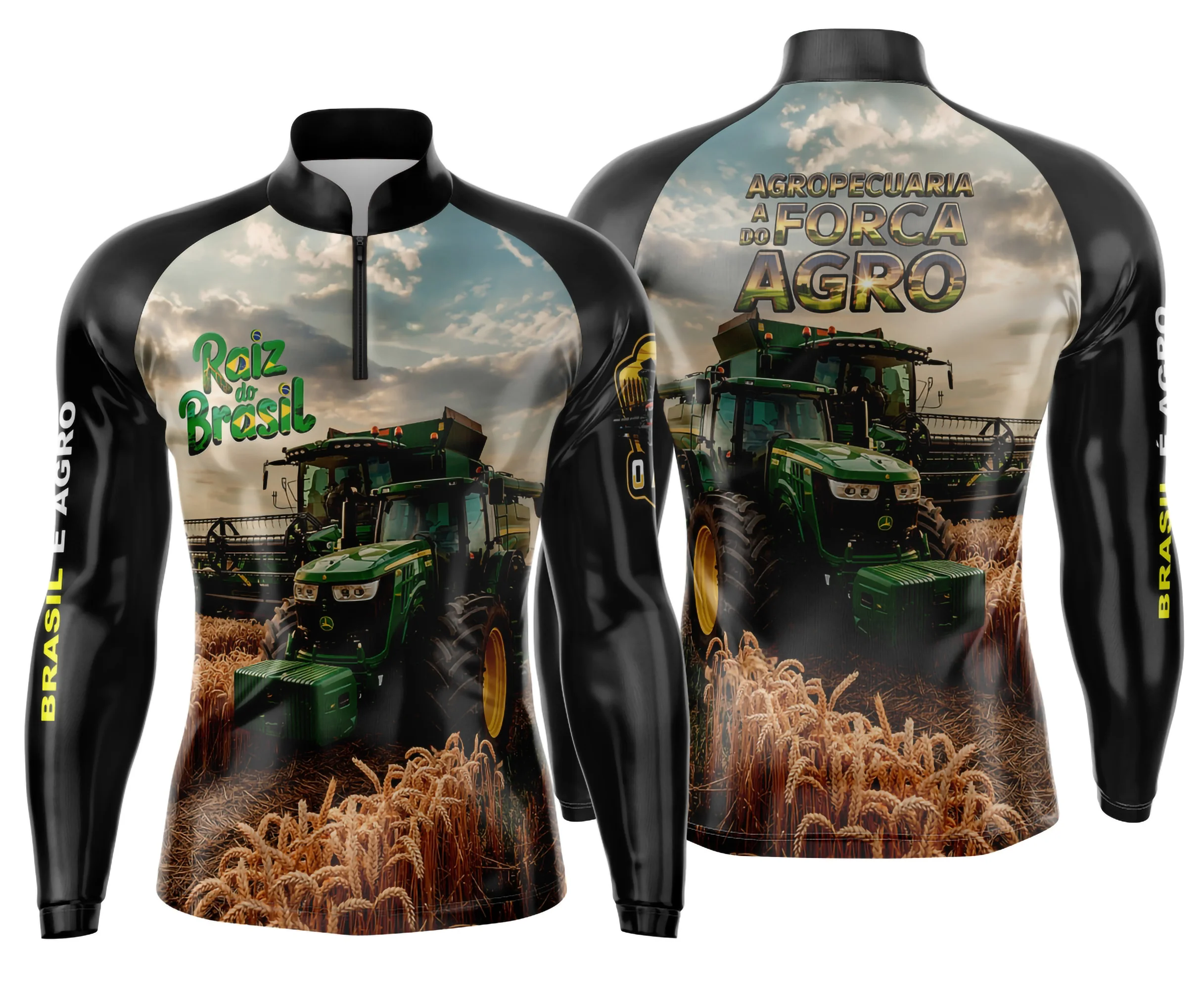 Camiseta preta unissex com logo no peito e estampa grande nas costas mostrando tema Agro Mod 0020, ideal para amantes do campo e estilo rural.