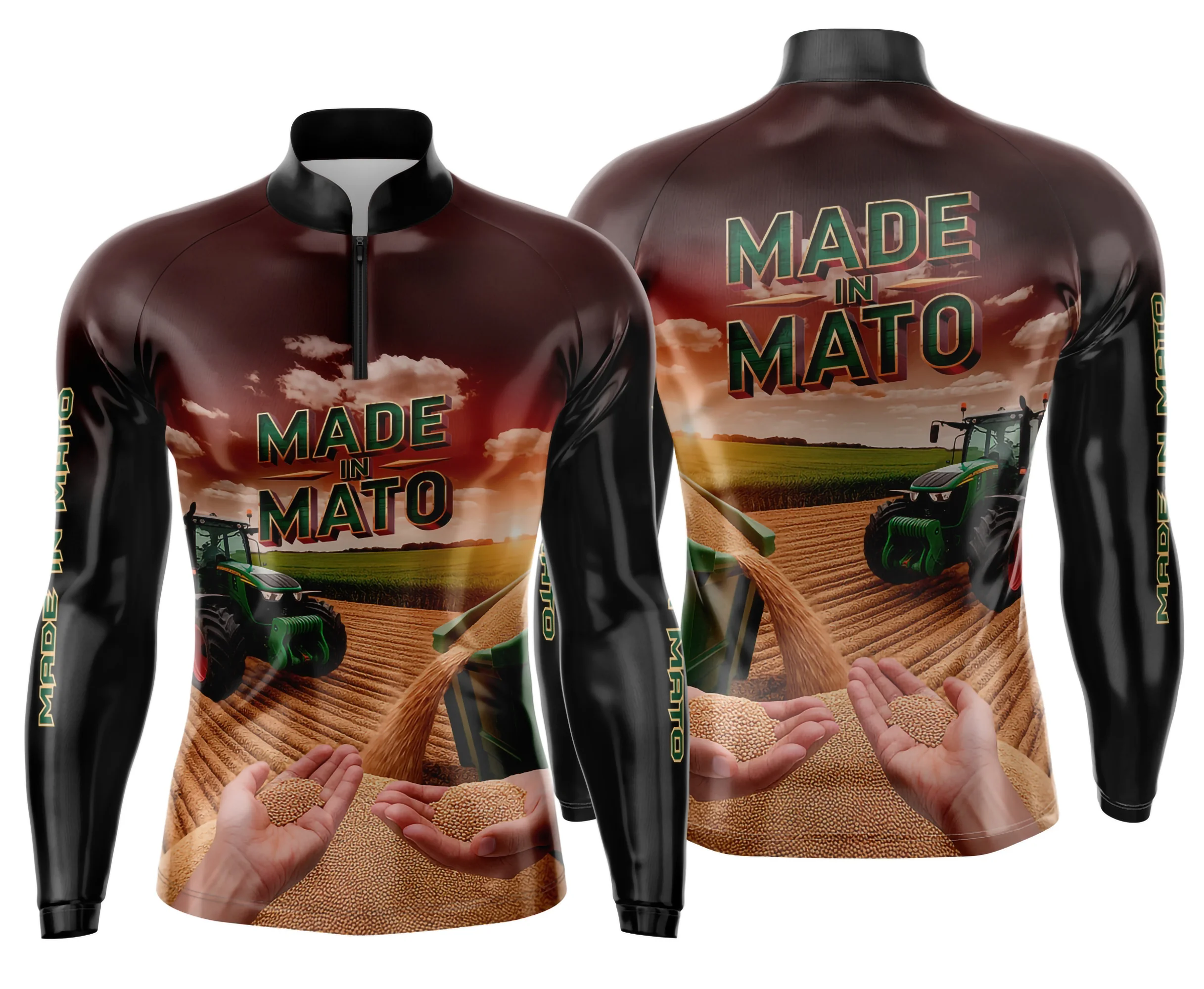 Camiseta unissex preta com logo no peito e estampa grande nas costas inspirada em Agro Mod 0021, ideal para fãs do campo e estilo rural.