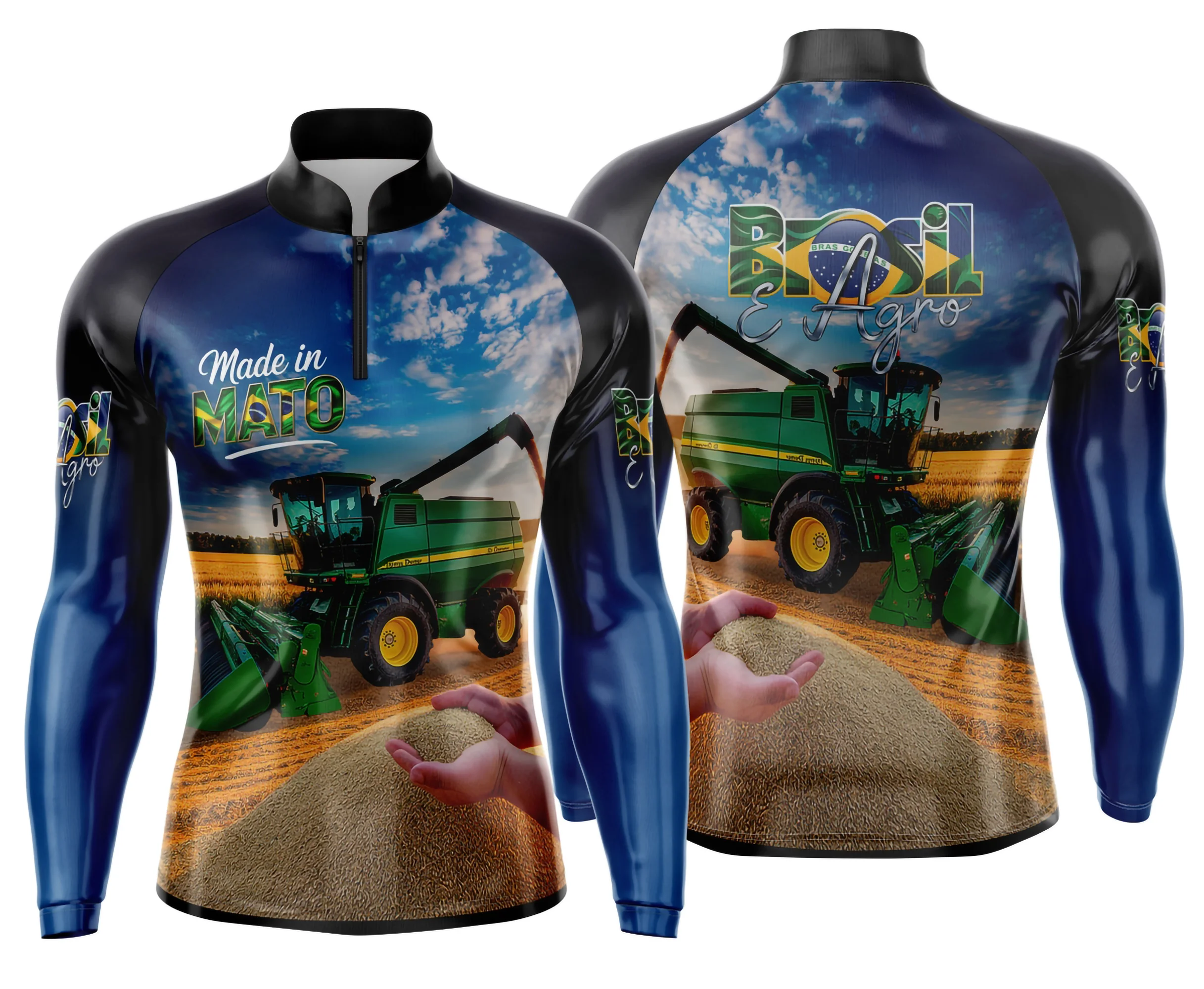 Camiseta preta unissex com logo no peito e estampa grande nas costas destacando o tema Agro Mod 0024, ideal para quem aprecia estilo rural e moderno em vestuário casual.