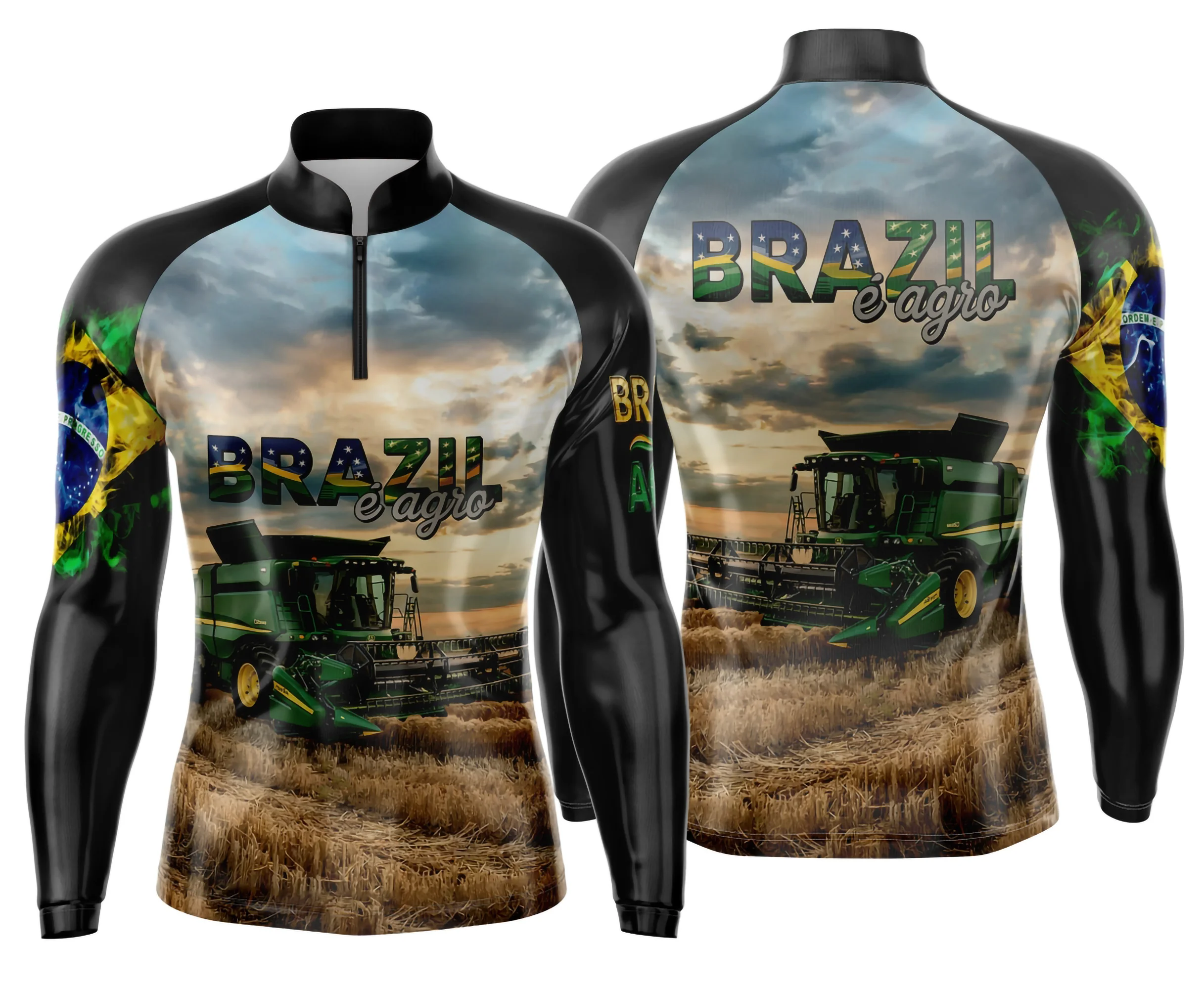 Camiseta unissex preta com logo no peito e estampa grande nas costas com tema Agro Mod 0025, ideal para quem busca estilo rural e moderno