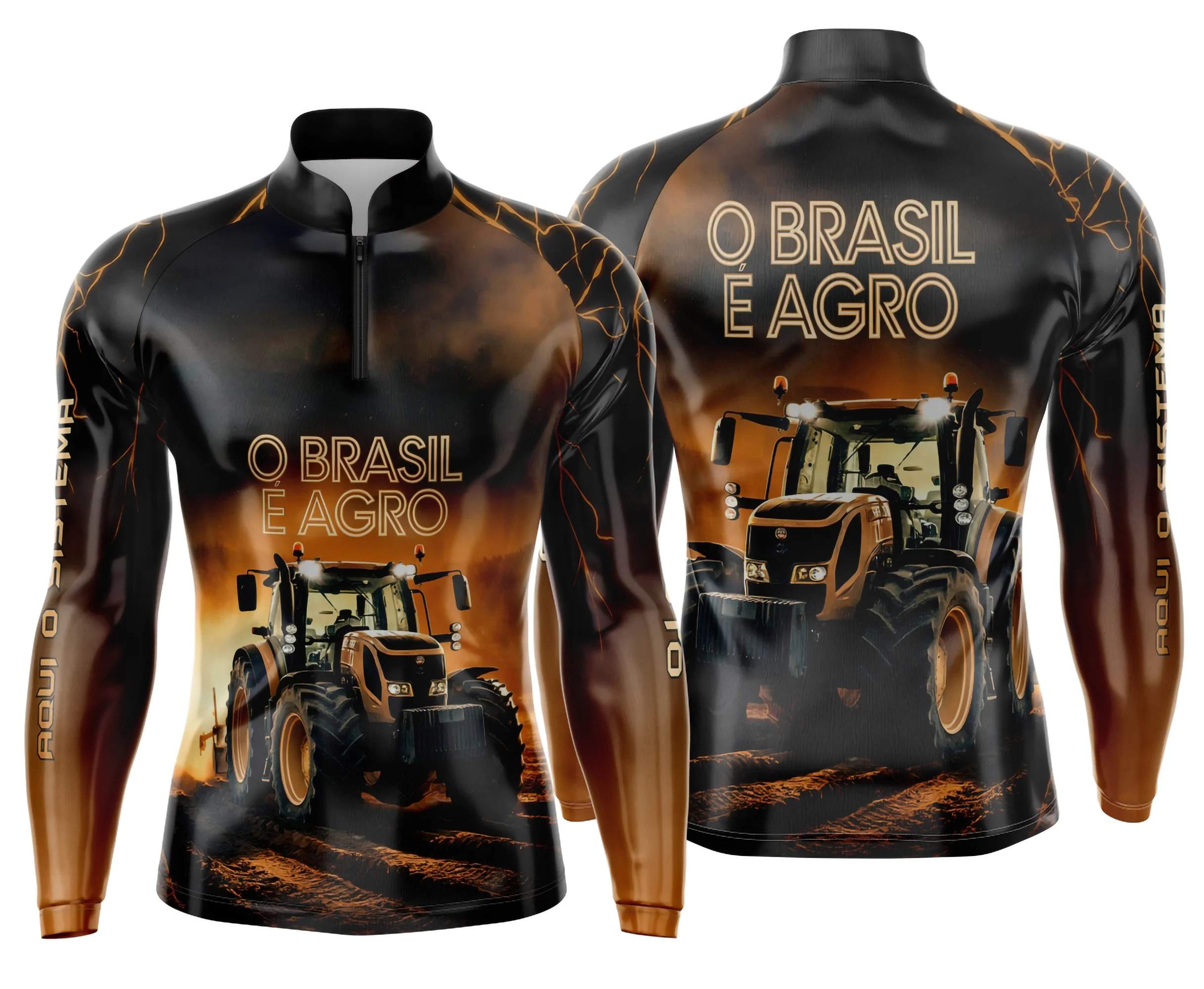 Camiseta unissex preta com logo no peito e estampa grande nas costas, tema Agro Mod 0026, estilo rústico e moderno, ideal para quem gosta do universo agro.