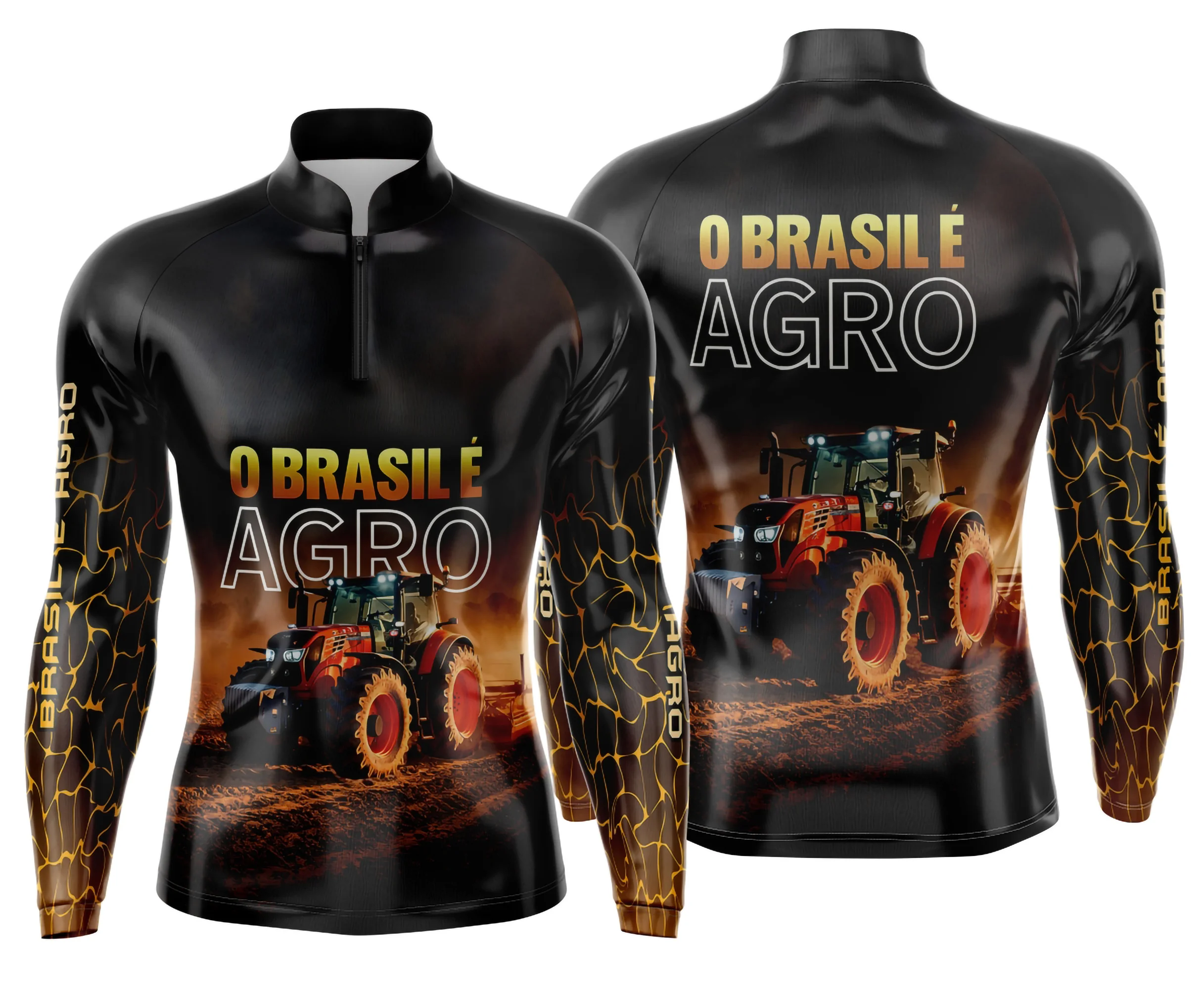 Camiseta unissex preta com logo no peito e estampa grande nas costas, tema Agro Mod 0027, estilo moderno e perfeito para quem ama o campo.