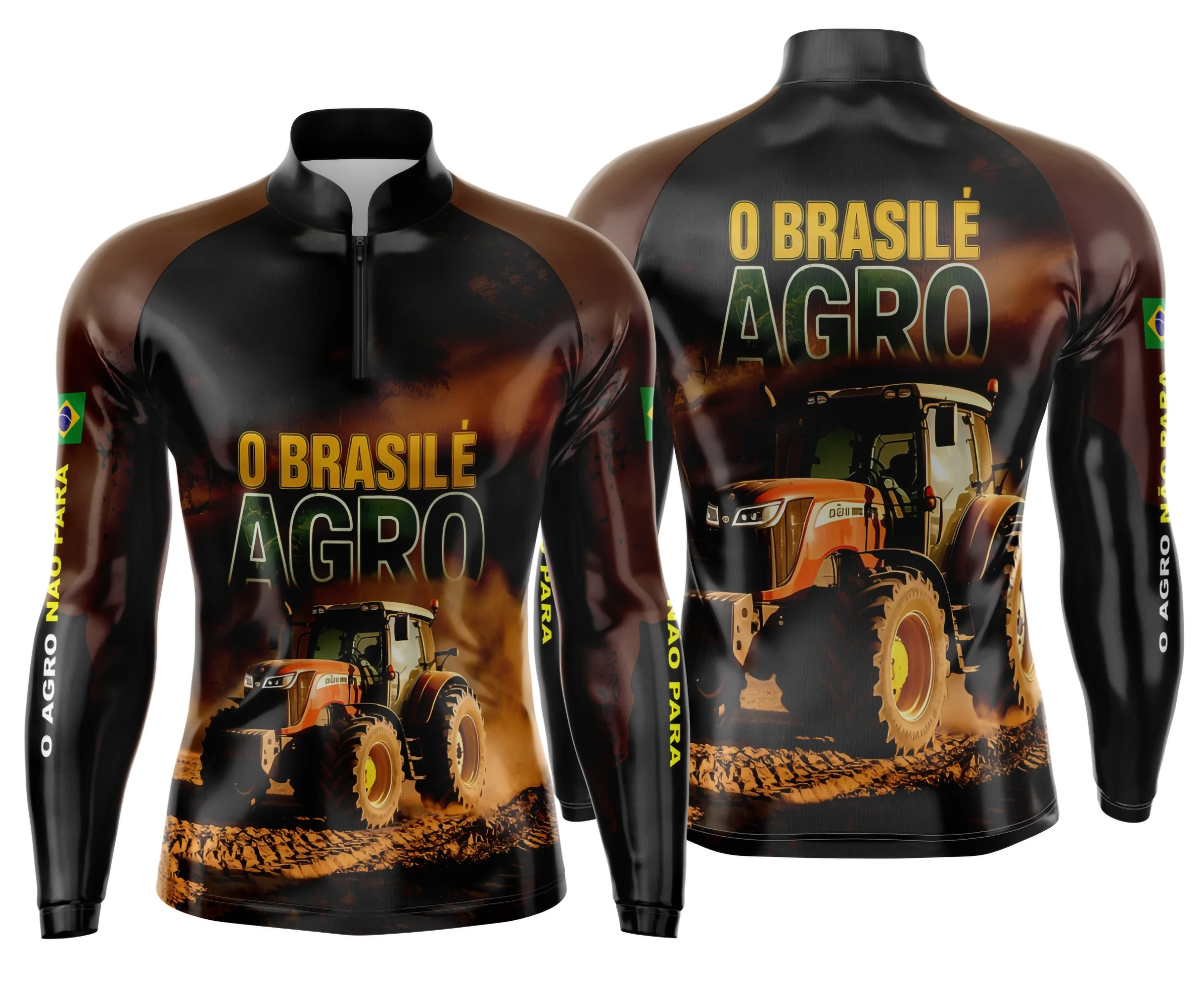 Camiseta unissex preta com logo no peito e estampa grande nas costas tema Agro Mod 0028, perfeita para quem ama o estilo rural e conforto.