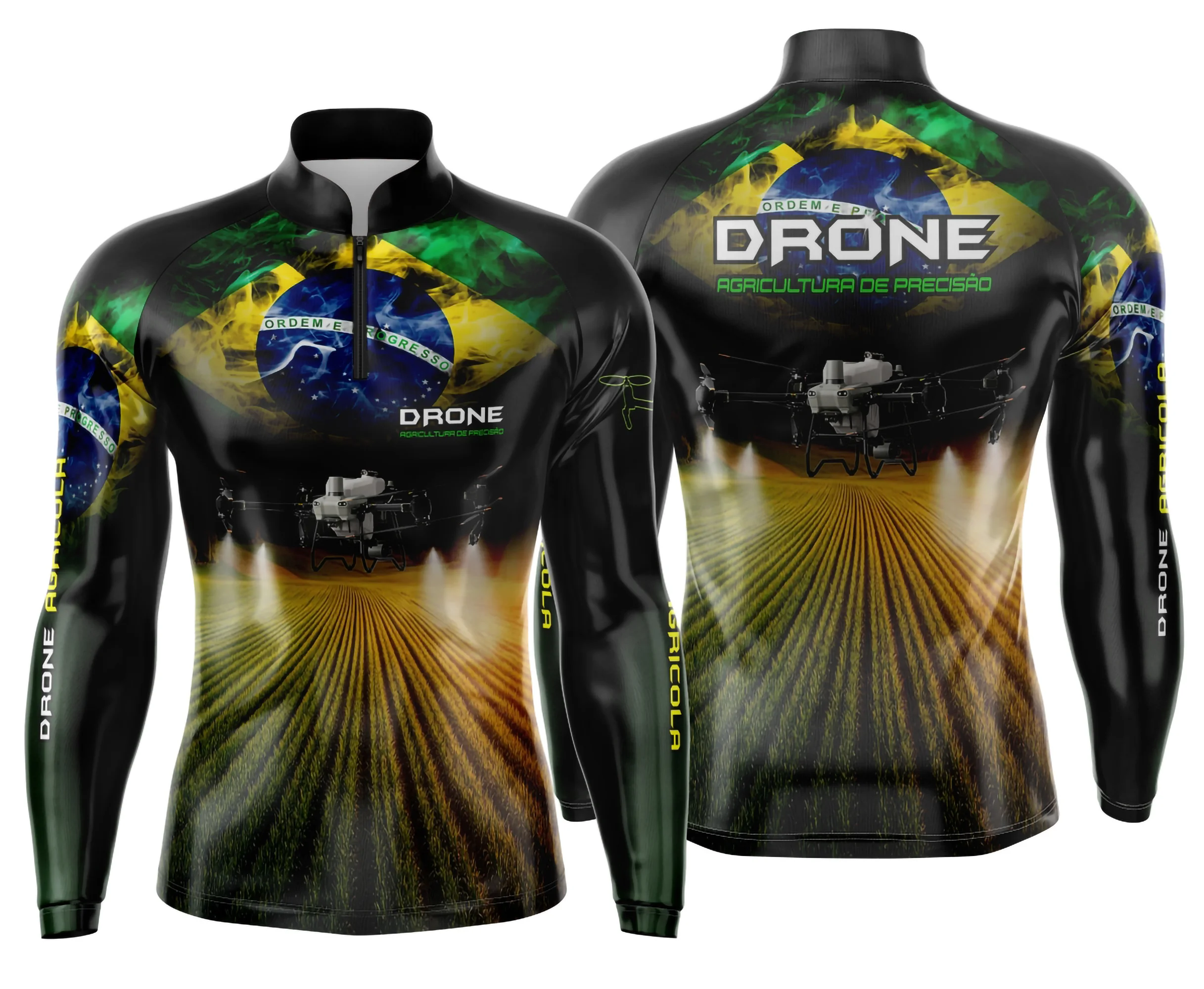 Camiseta unissex preta com logo no peito e estampa grande nas costas, tema Agro Mod 0038, perfeita para quem ama o campo e a vida rural.