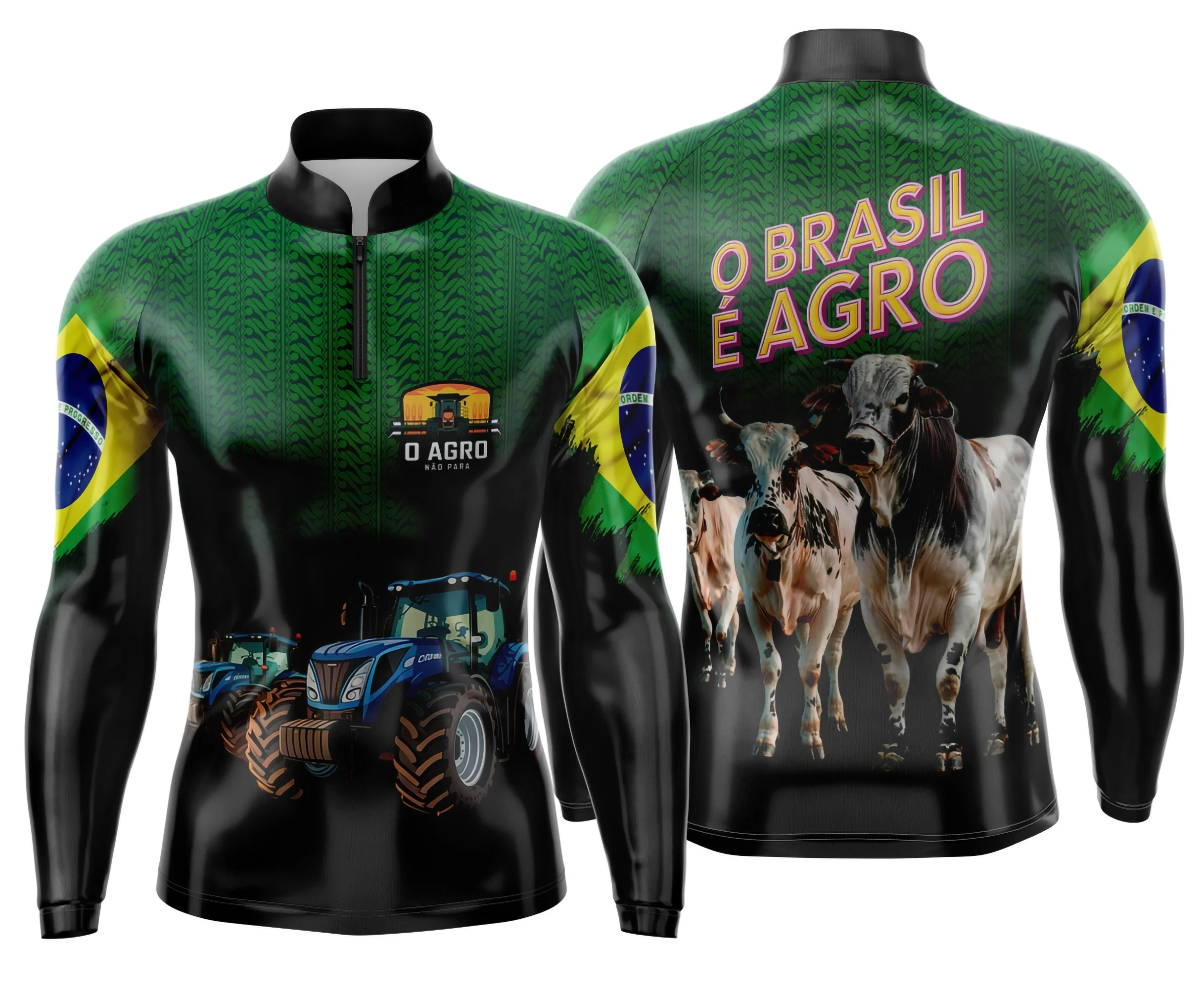 Camiseta unissex preta com logo no peito e estampa grande nas costas, tema Agro Mod 0044, exibida com corte moderno e visual impactante, ideal para quem ama o universo agro.