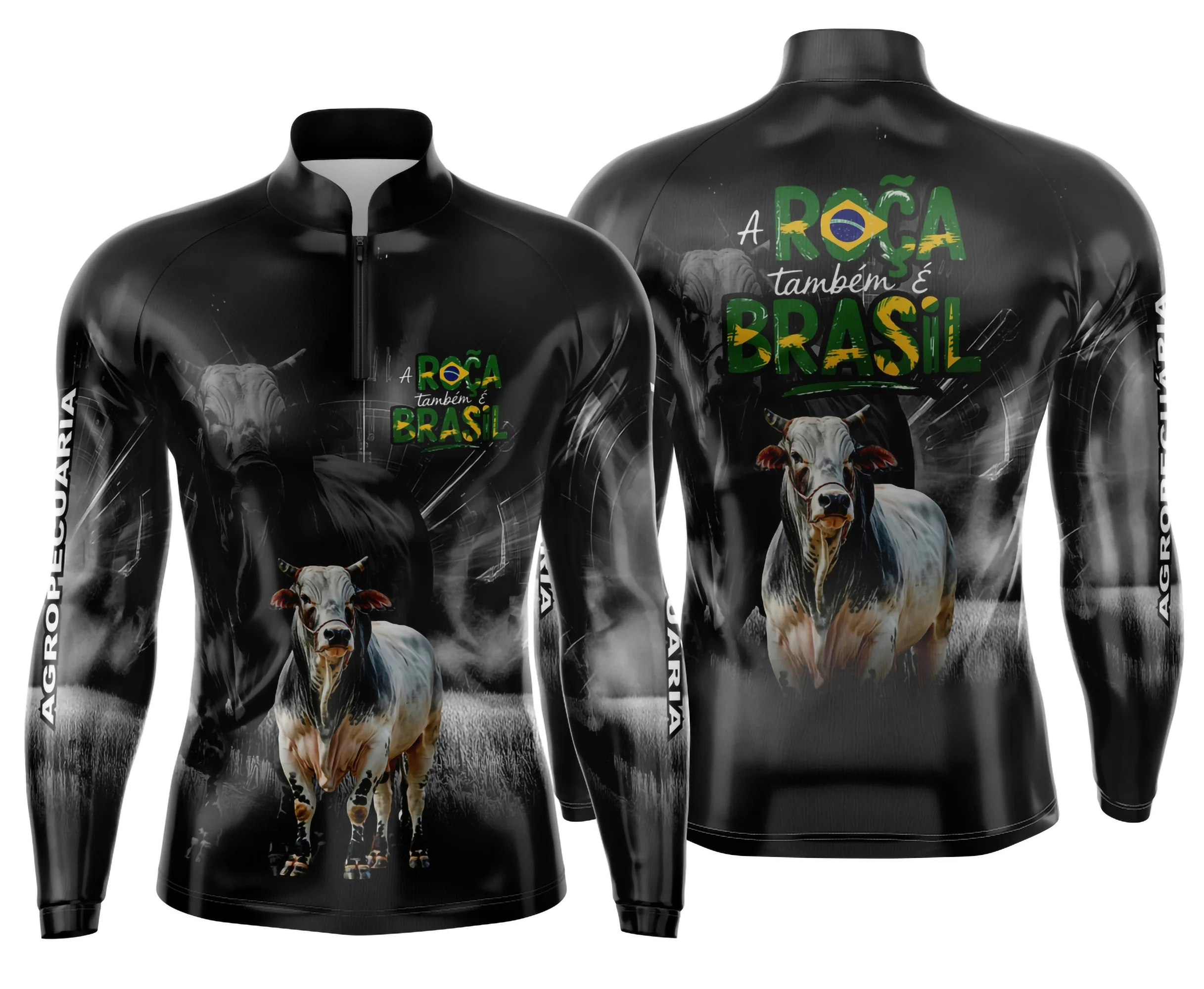 Camiseta unissex preta com logo no peito e estampa grande nas costas, tema Agro Mod 0045, ideal para quem gosta de estilo rústico e temas rurais.