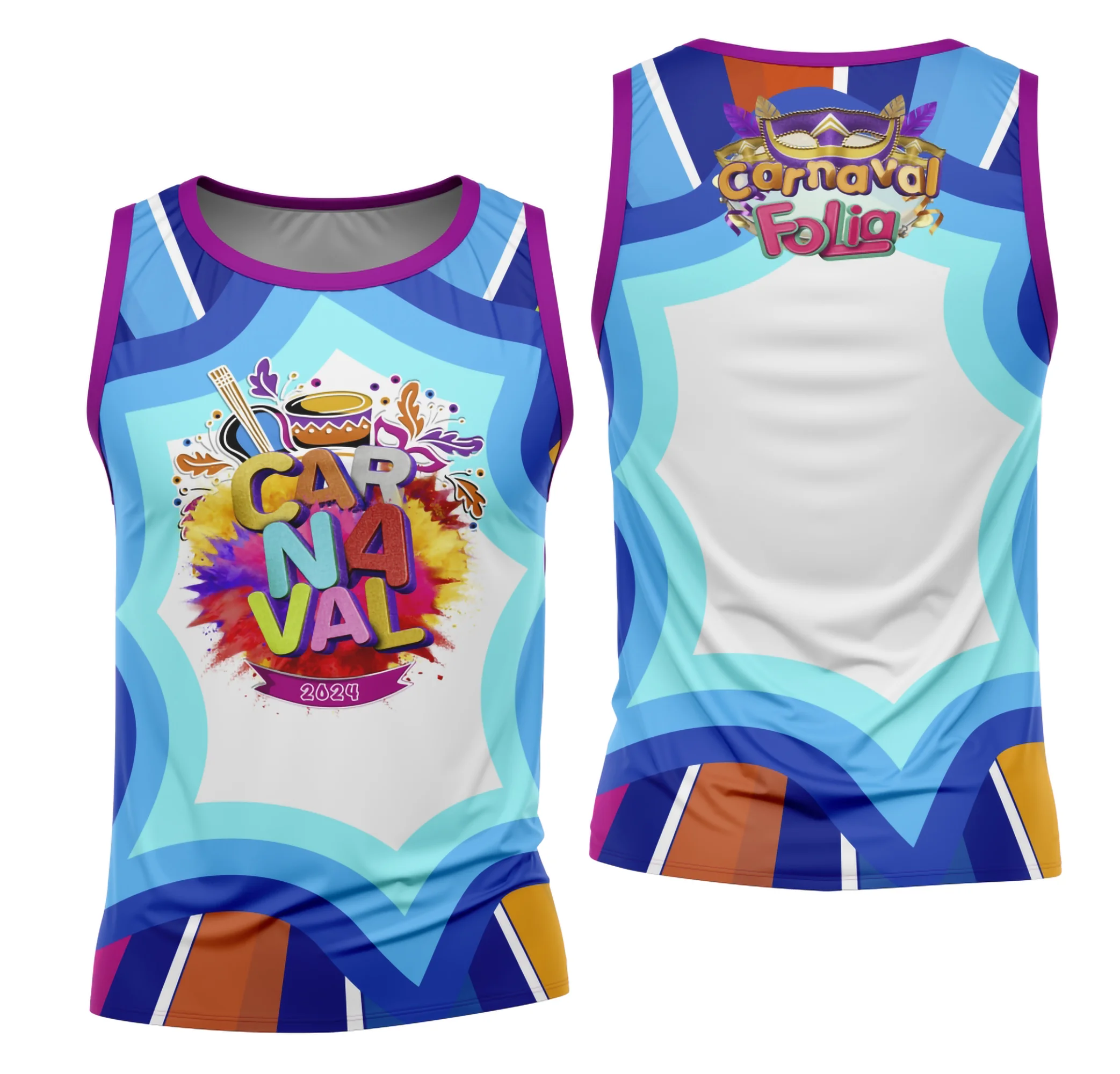 Camiseta preta unissex com logo no peito e estampa grande nas costas, tema Carnaval 2026, modelo 05 do Bloco Abadá em subliminação vibrante e moderna.