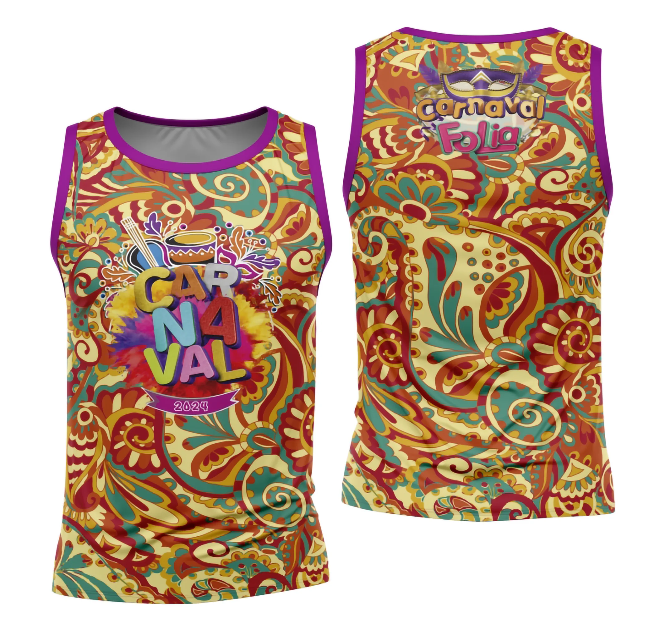 Foto de camiseta unissex branca com logo no peito e estampa grande nas costas inspirada no Bloco Abadá do Carnaval 2026, com design vibrante e cores marcantes.