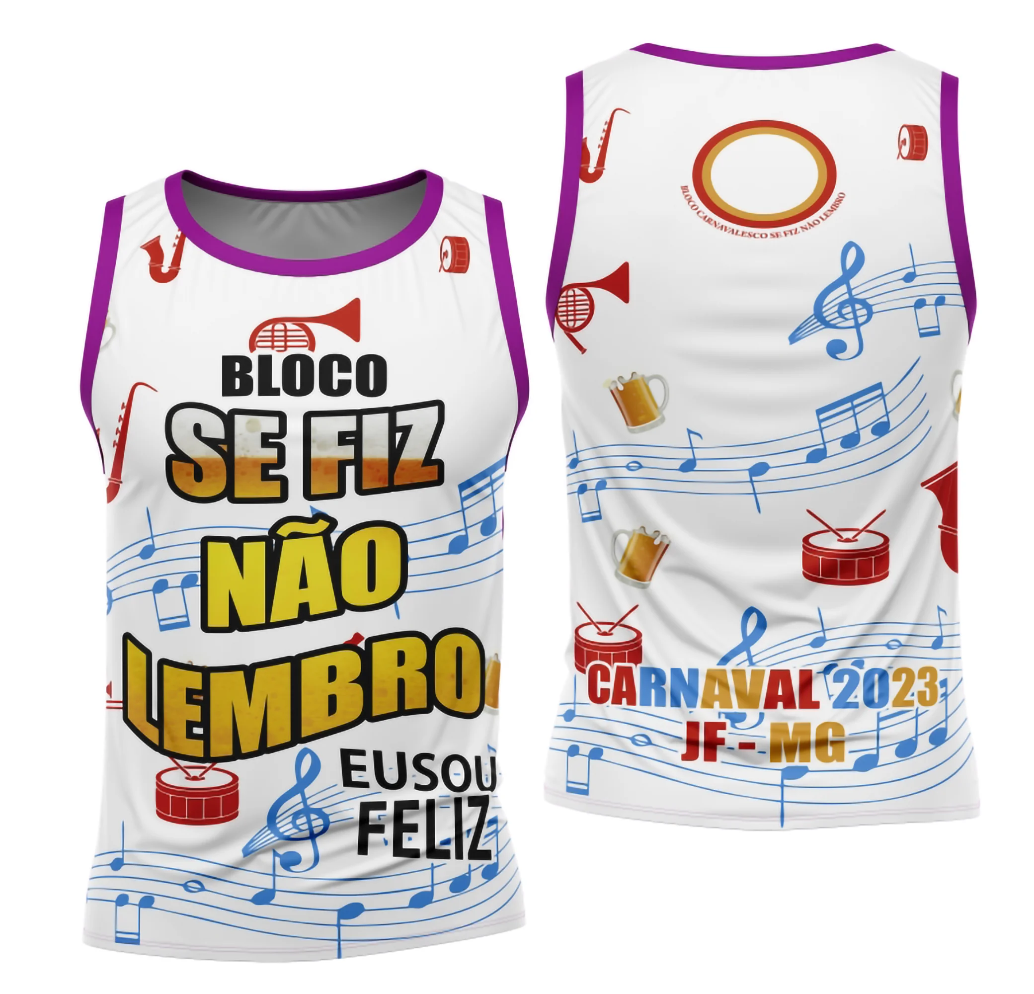 Camiseta unissex branca com logo no peito e estampa grande nas costas do Bloco Abadá sublimada para o Carnaval 2026, destacando o modelo 114 com cores vibrantes e design carnavalesco.