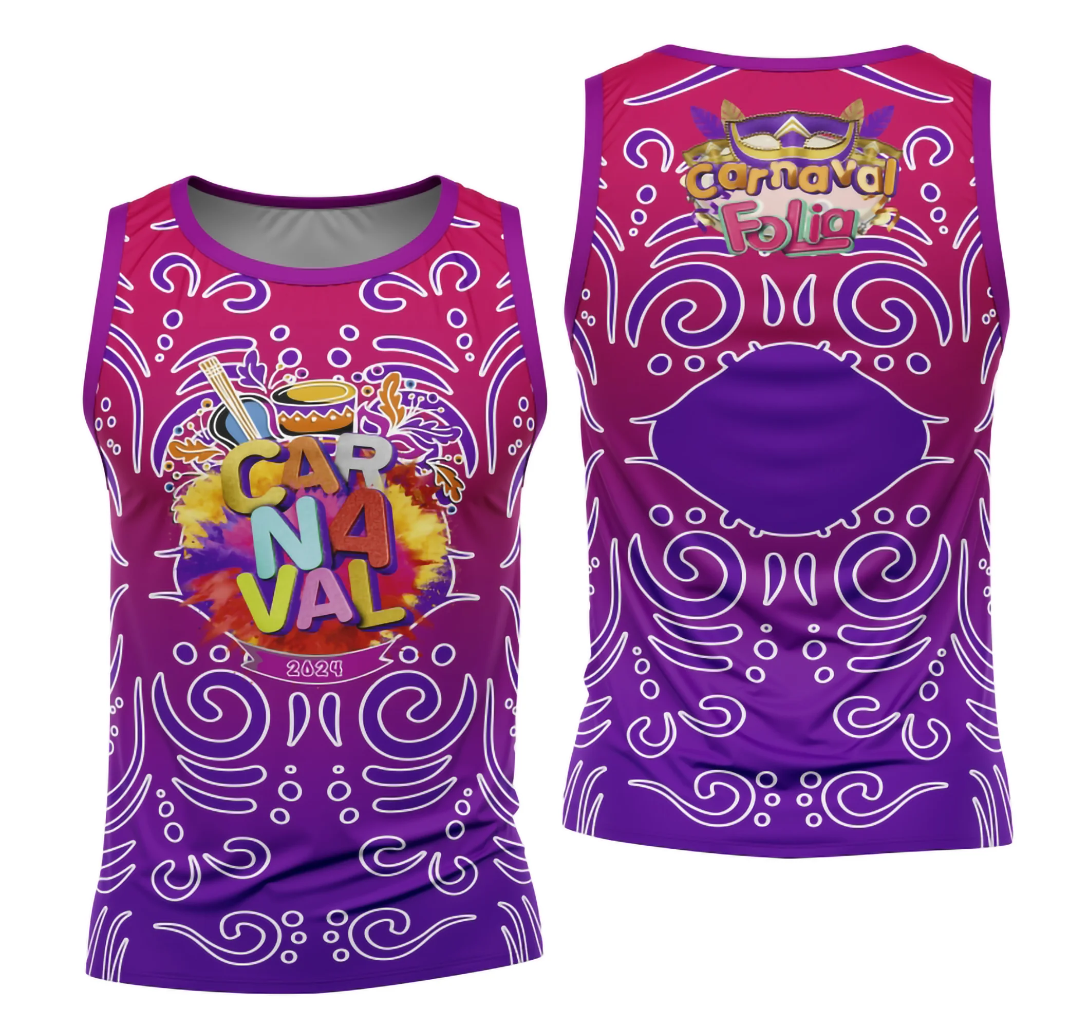 Camiseta unissex branca com logo no peito e estampa grande nas costas, tema Bloco Abadá Sublimação Carnaval 2026, visual vibrante e cheio de energia festiva.