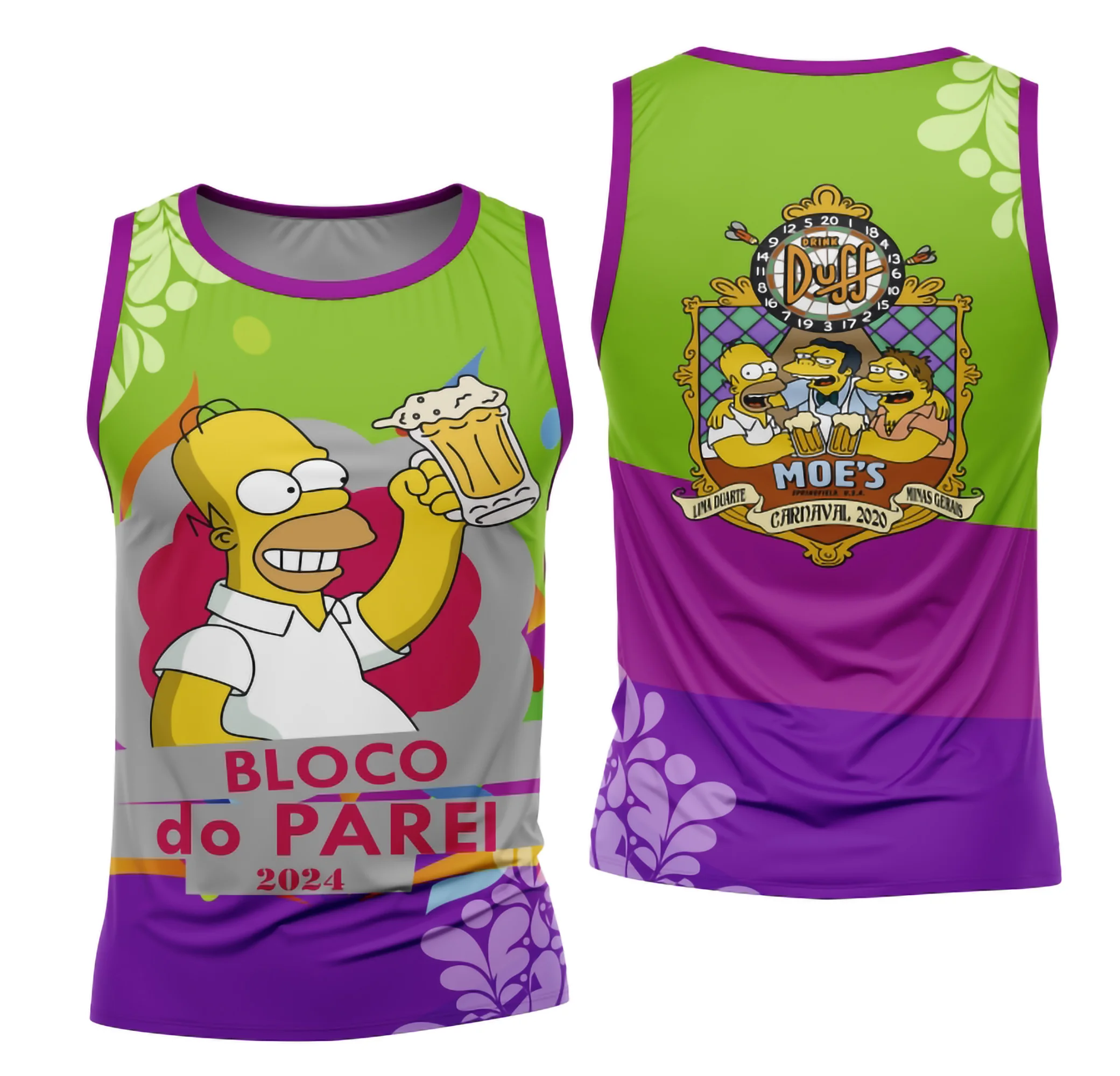 Camiseta unissex branca com logo no peito e estampa grande nas costas, tema Bloco Abadá sublimado para Carnaval 2026, visual vibrante e moderno perfeito para festa.