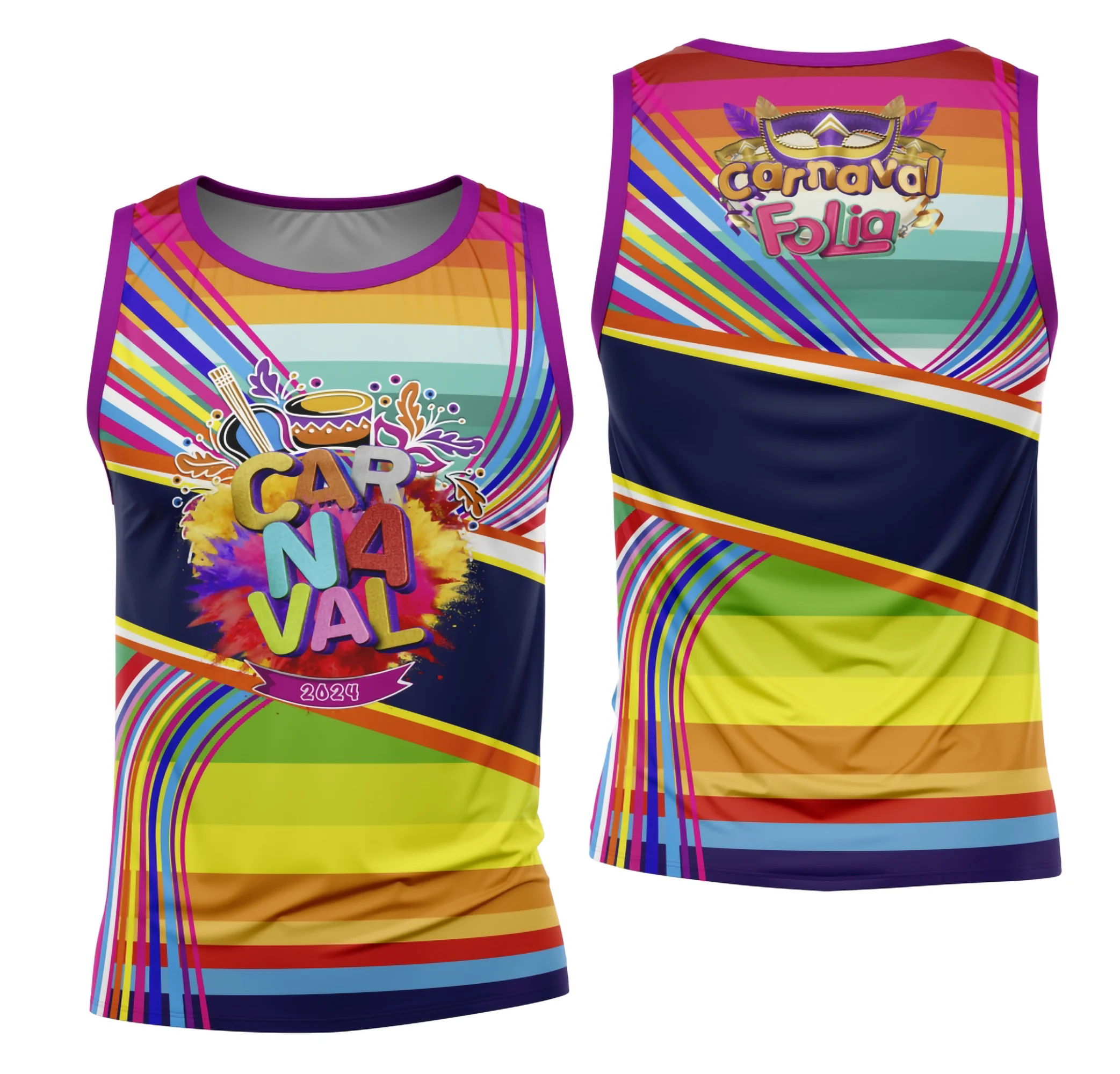 Foto de camiseta unissex branca com logo no peito e estampa grande nas costas celebrando o Bloco Abadá Carnaval 2026, design vibrante e colorido para folia.