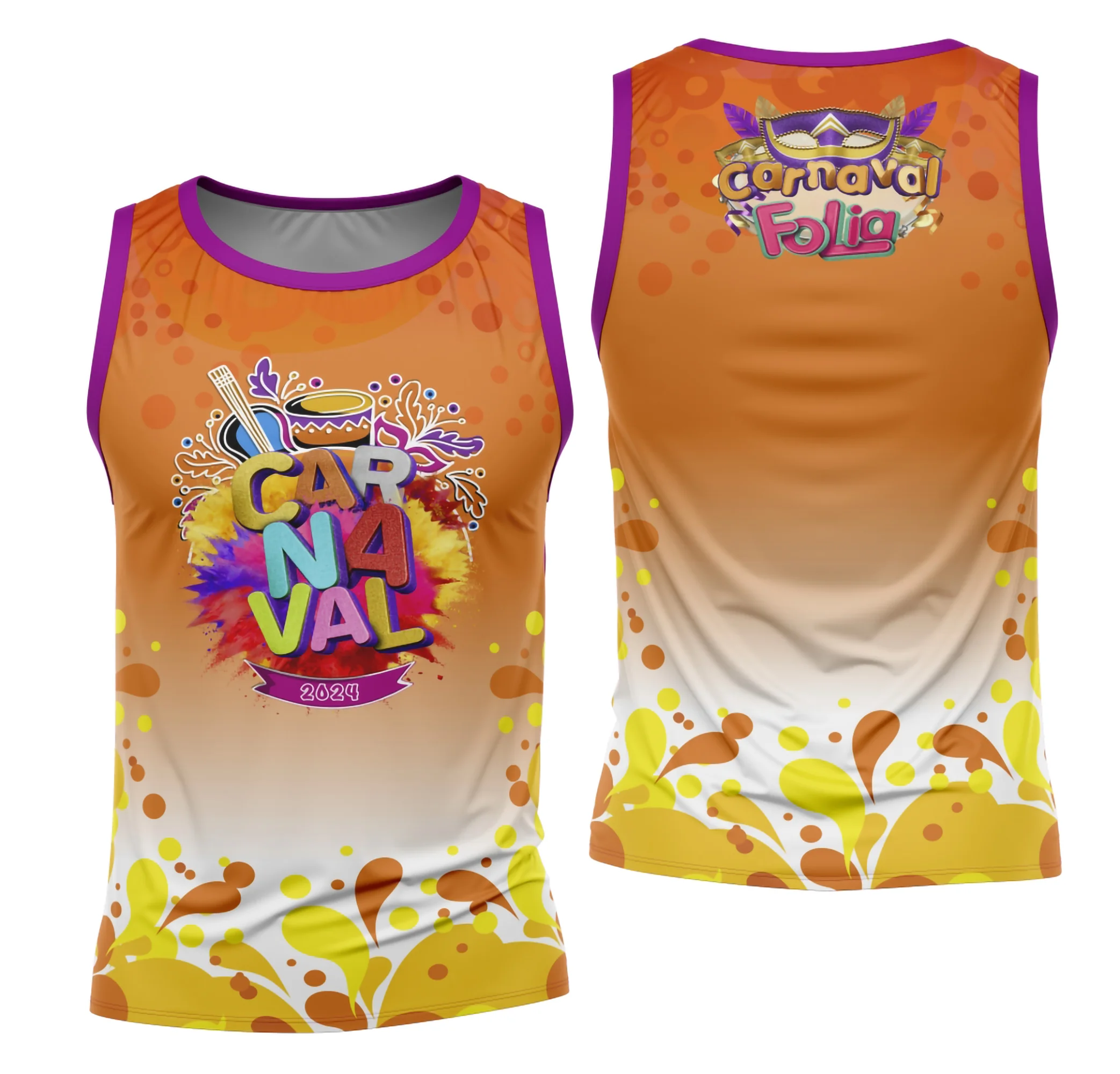 Camiseta unissex branca com logo no peito e estampa grande nas costas, design vibrante inspirado no Carnaval 2026 para bloco Abadá, modelo 17, ideal para folia e desfiles.