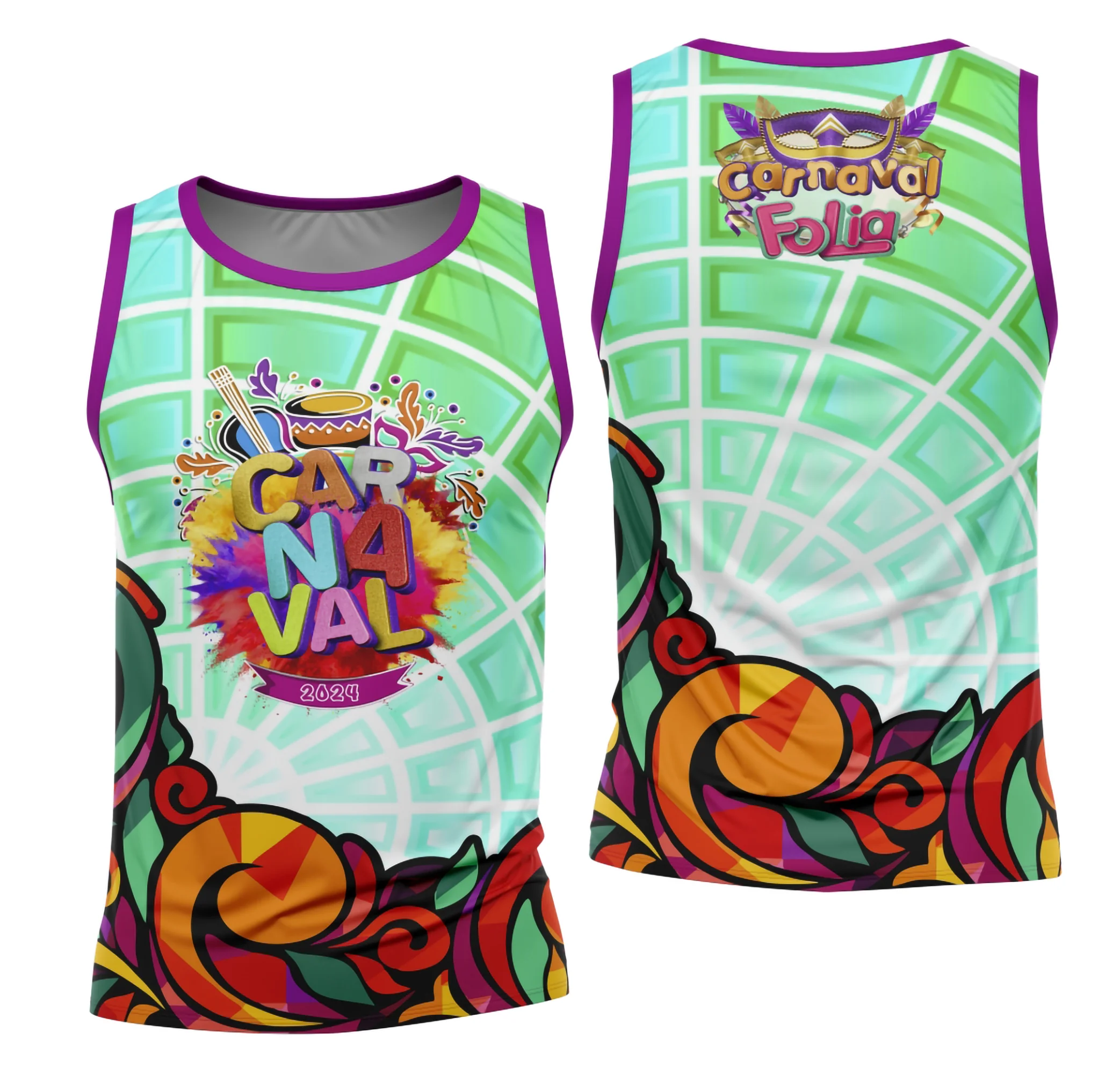 Camiseta unissex branca com logo no peito e estampa grande nas costas do Bloco Abadá Sublimação Carnaval 2026 Modelo 23, design vibrante e colorido que destaca o espírito do Carnaval.