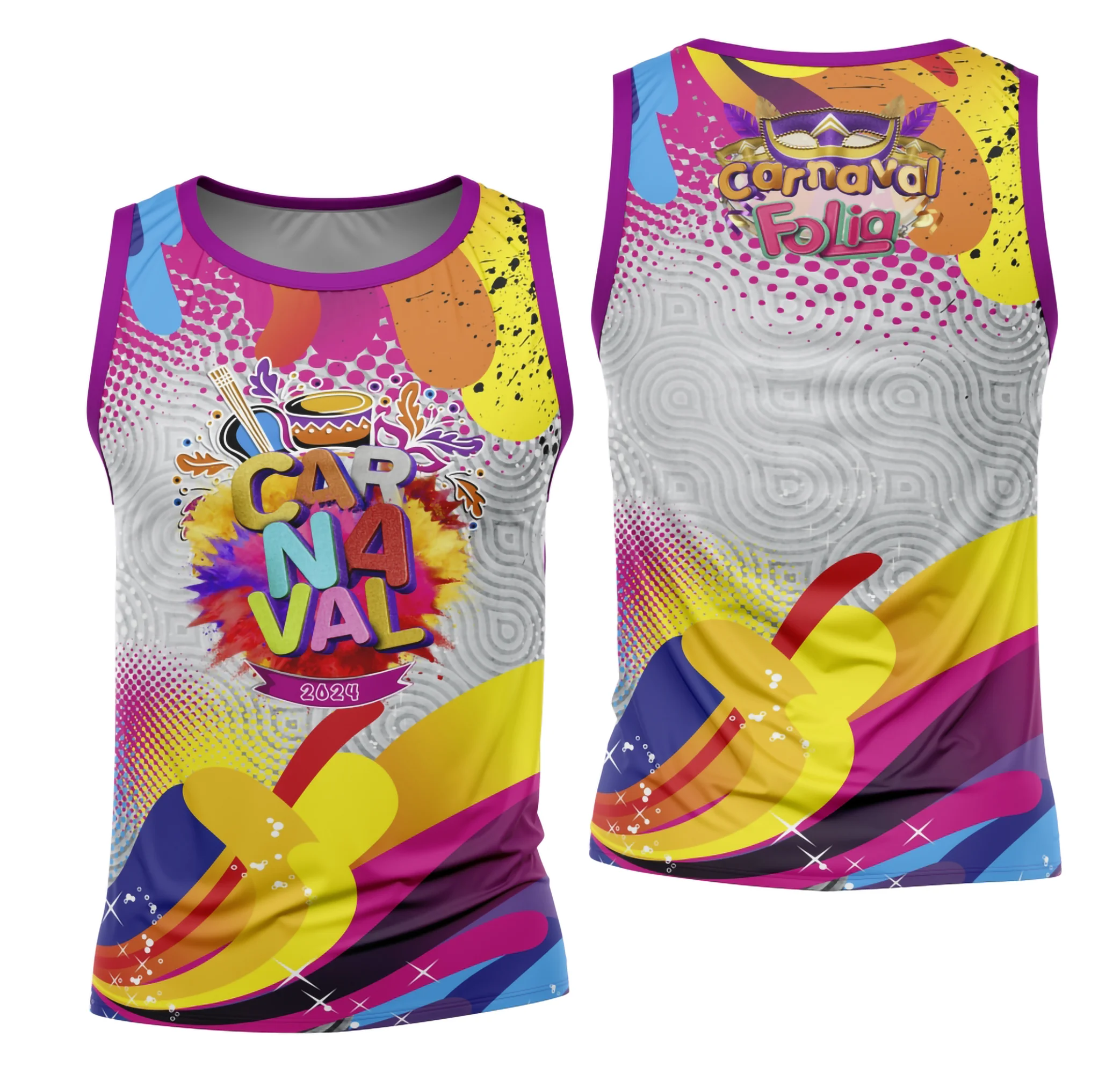 Camiseta unissex branca com logo no peito e estampa grande nas costas do Bloco Abadá Sublimação Carnaval 2026, modelo 24, perfeita para o Carnaval, com cores vibrantes e design envolvente.