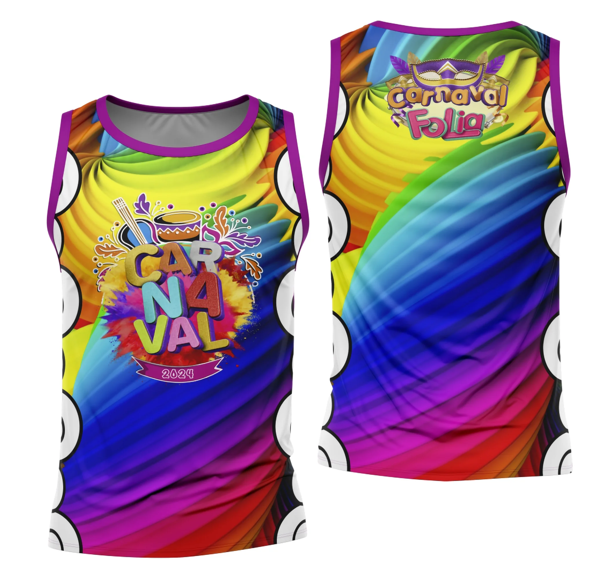 Camiseta unissex branca com logo no peito e estampa grande nas costas do Bloco Abadá Carnaval 2026, destacando cores vibrantes e design exclusivo para a folia.