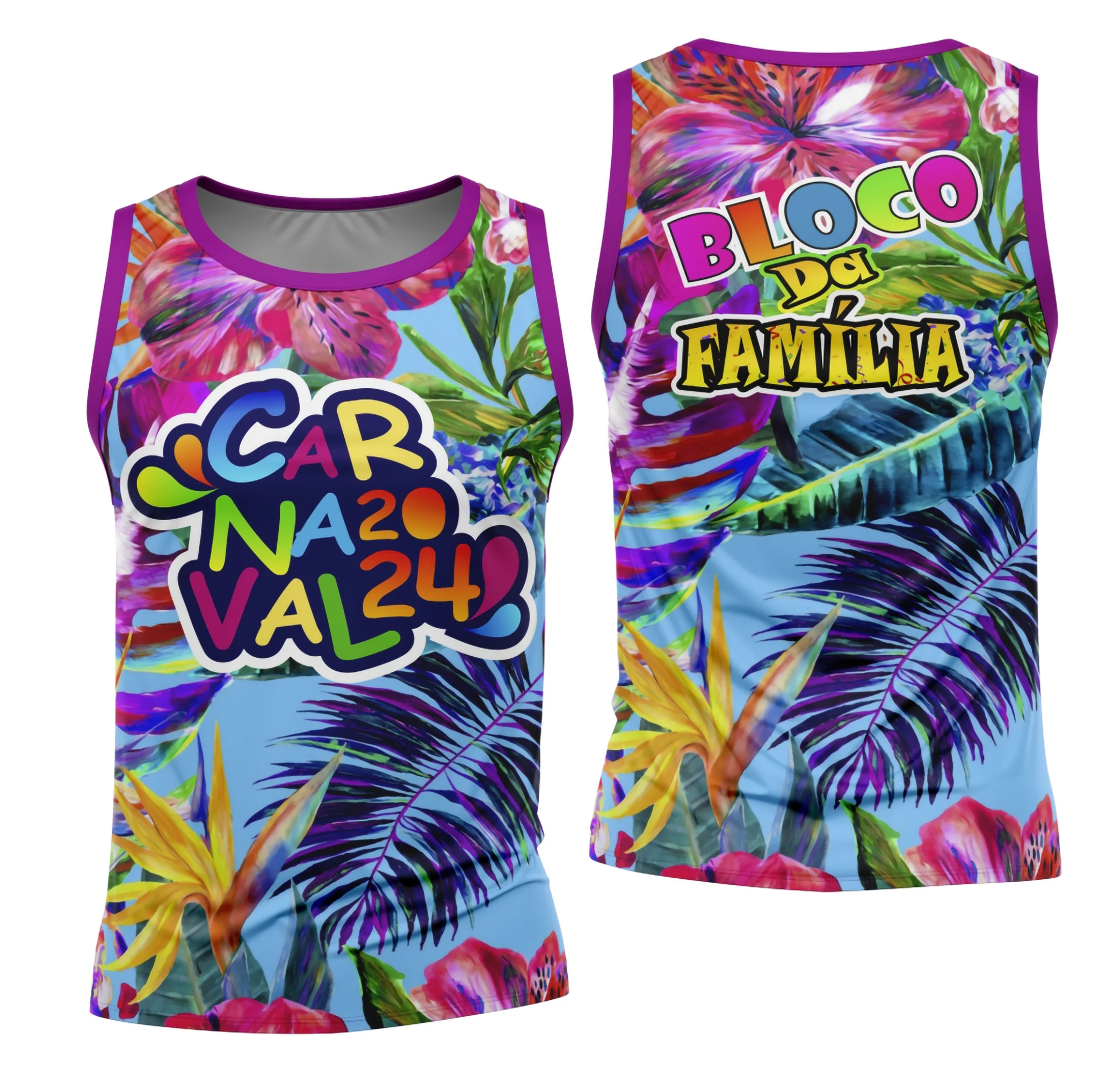 Camiseta unissex branca com logo no peito e estampa grande nas costas do Bloco Abadá Sublimação Carnaval 2026, vibrante e cheia de cores, ideal para festa e eventos carnavalescos.