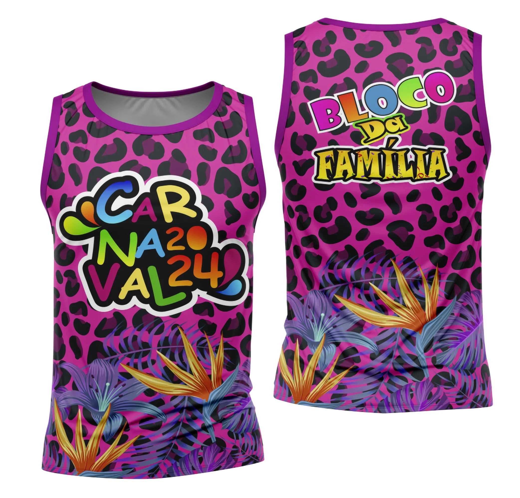 Camiseta unissex branca com logo no peito e estampa grande nas costas, tema Bloco Abadá Sublimação para Carnaval 2026, visual moderno e vibrante para festa e folia.