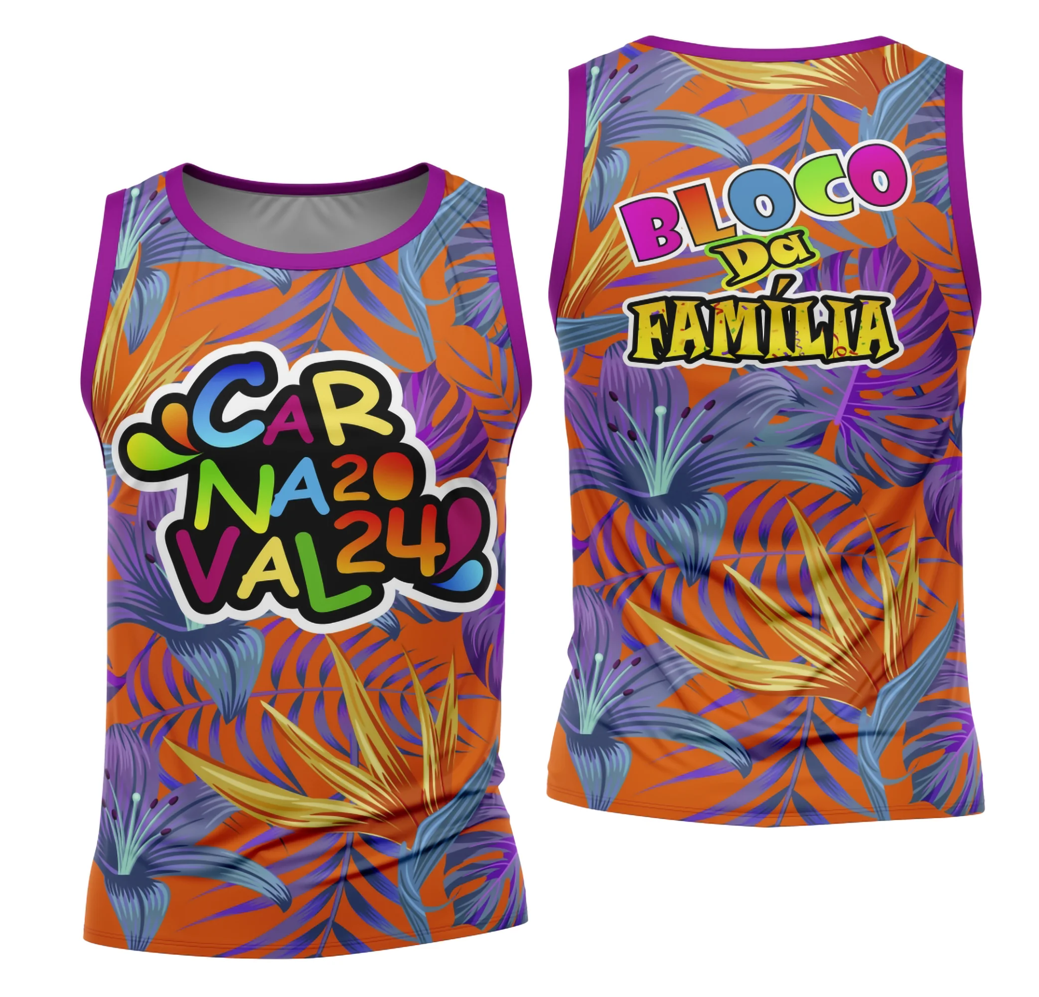 Camiseta unissex branca com logo no peito e estampa grande nas costas com design do Bloco Abadá para Carnaval 2026, cheia de cor e detalhes vibrantes para a folia.