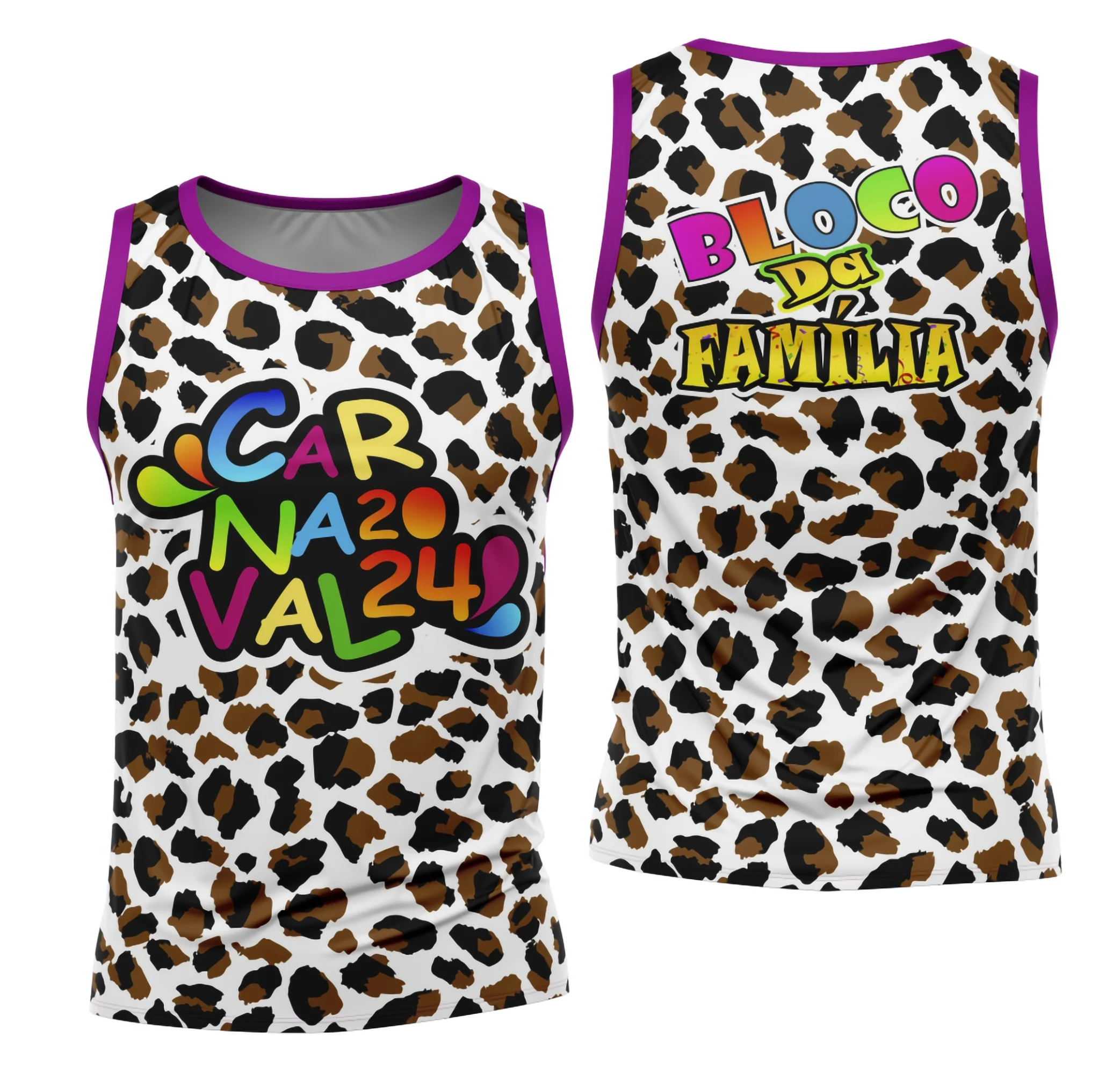 Camiseta unissex branca com logo no peito e estampa grande nas costas, tema Bloco Abadá Sublimação Carnaval 2026, destacando cores vibrantes e design exclusivo para a folia.