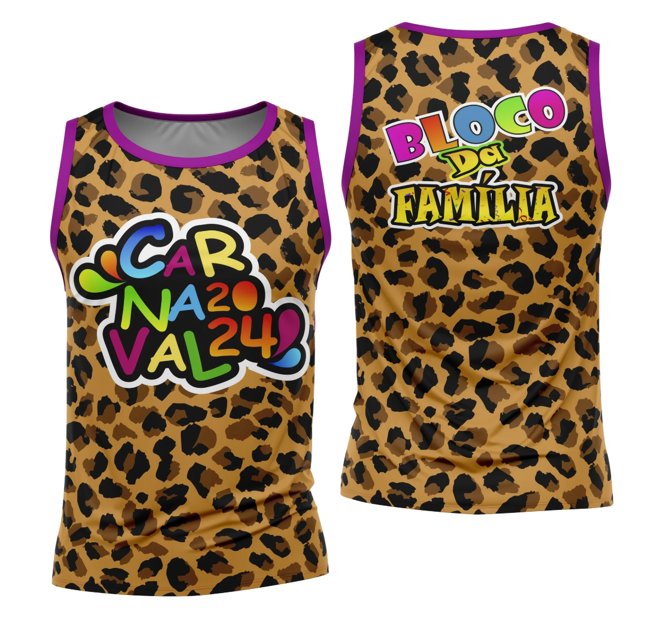 Camiseta unissex branca com logo no peito e estampa grande nas costas temática Carnaval 2026, destacando o bloco Abadá no design vibrante e colorido.