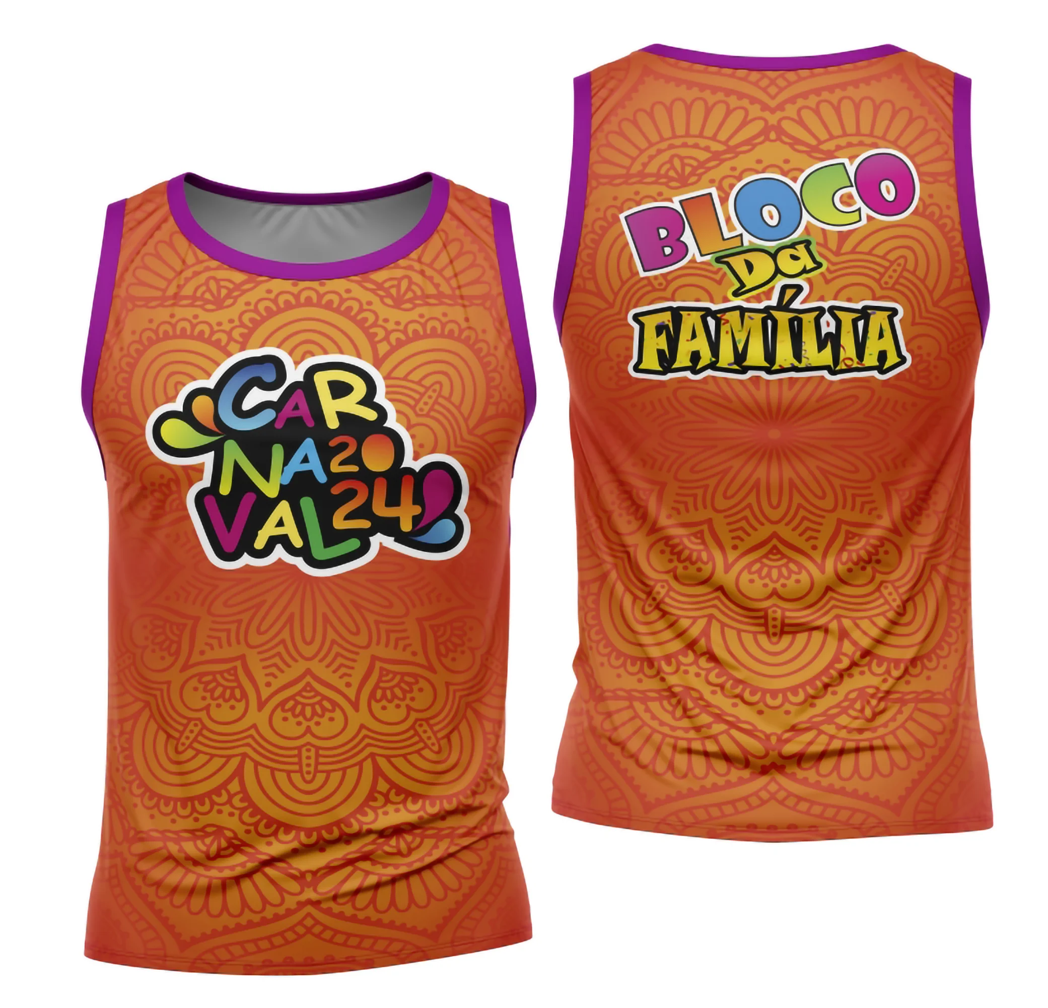 Camiseta unissex com cor branca, logo no peito e estampa grande nas costas, tema Bloco Abadá para Carnaval 2026, visual vibrante e moderno.