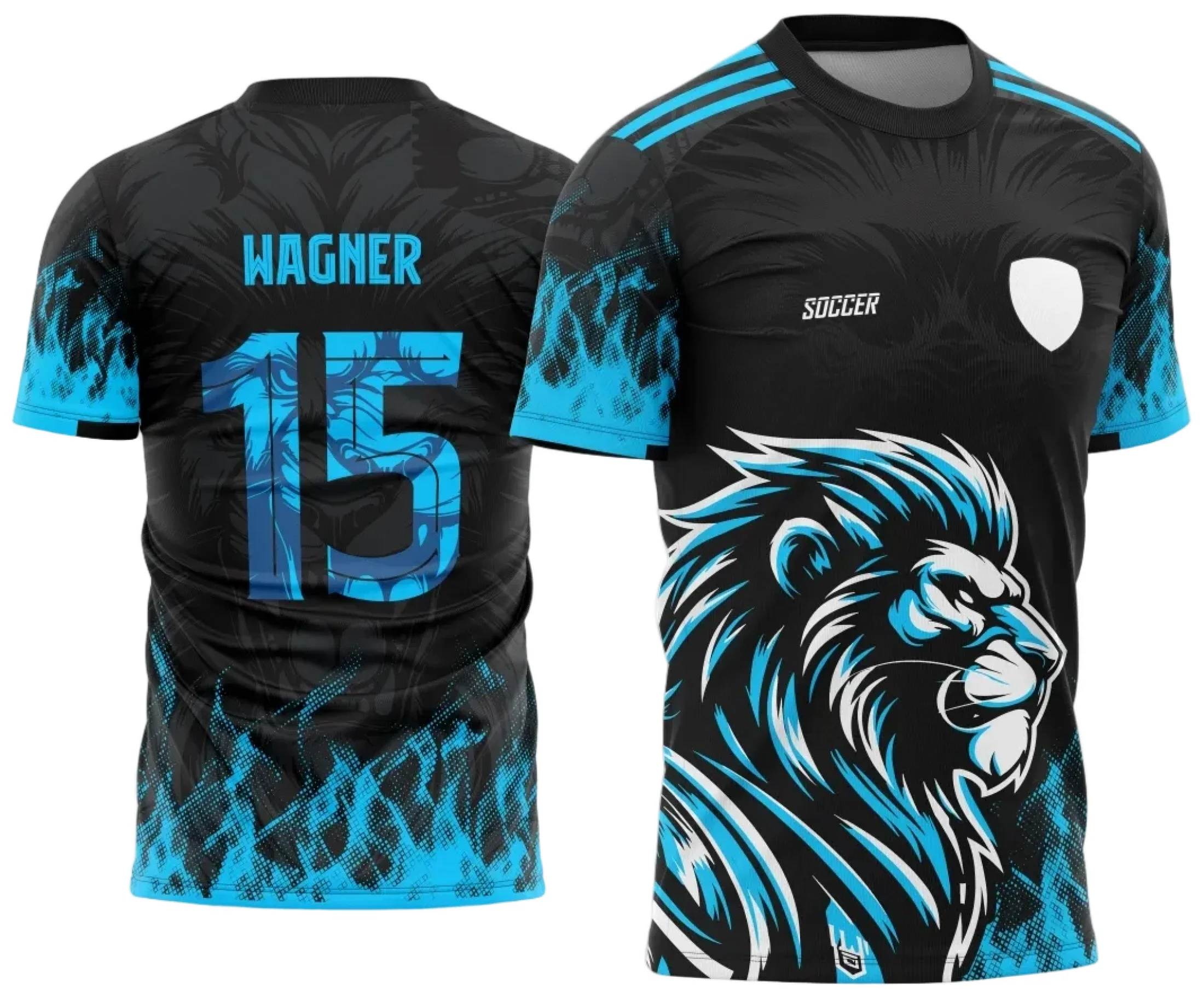 Foto de camiseta unissex preta com logo no peito e estampa grande nas costas com tema Leão Azul do Interclasse, destacando o estilo único e impactante para eventos escolares.