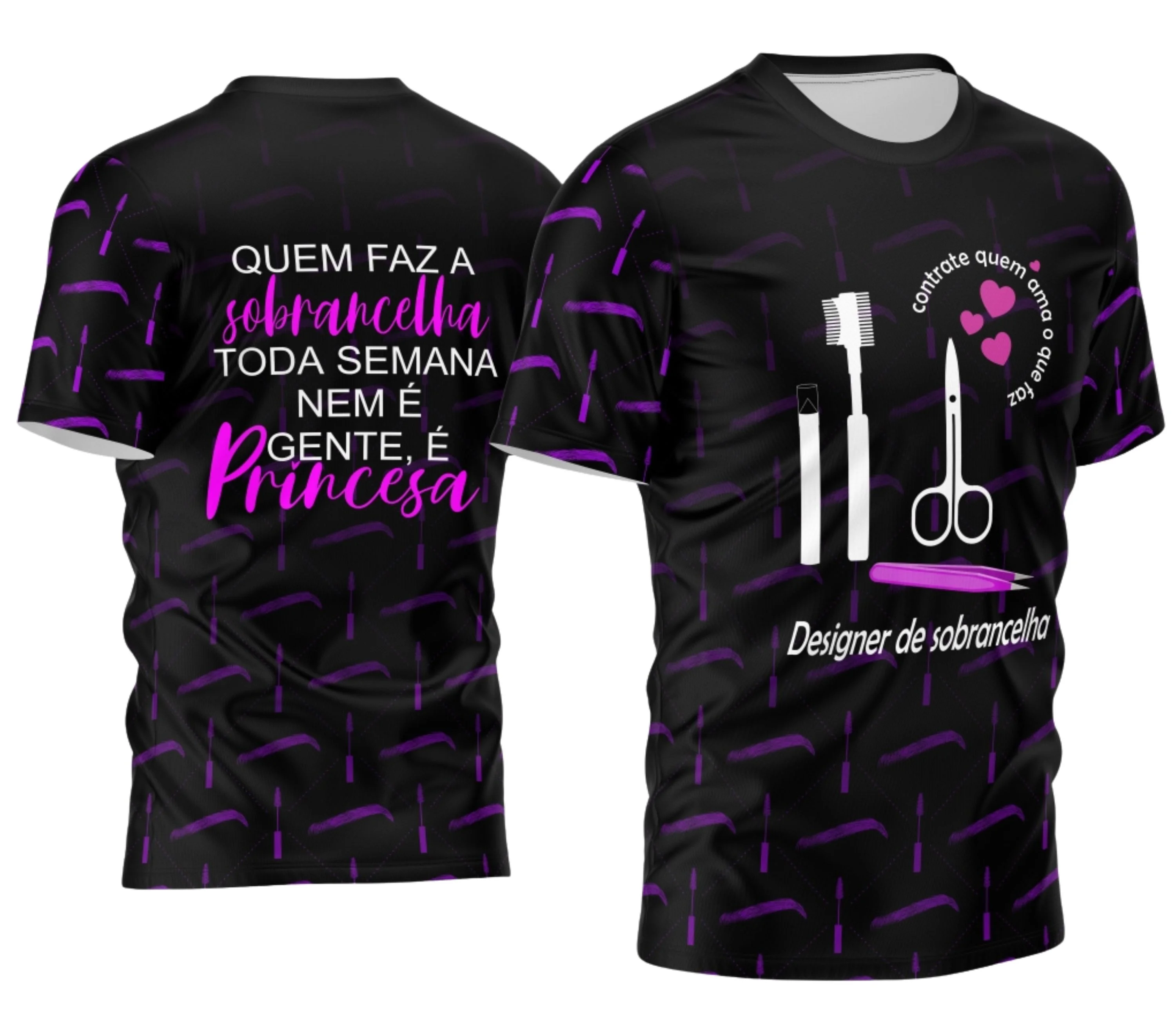 Camiseta unissex preta com logo no peito e estampa grande nas costas com o tema Designer de Sobrancelhas Profissão, estilo moderno e sofisticado.