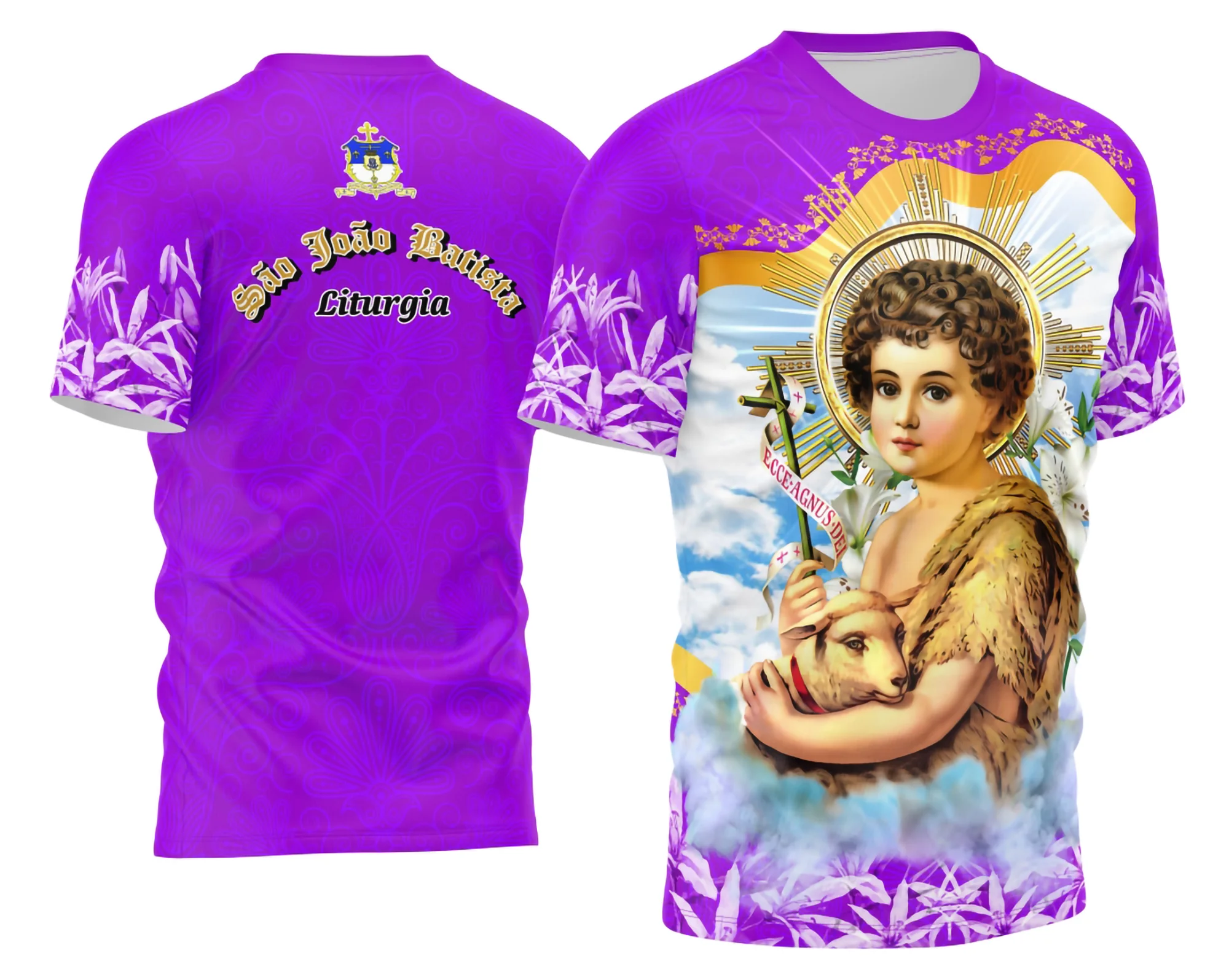 Camisa com logo no peito e estampa grande nas costas que retrata São João Batista com elementos religiosos em destaque, ideal para quem busca uma peça com significado espiritual e design impactante.