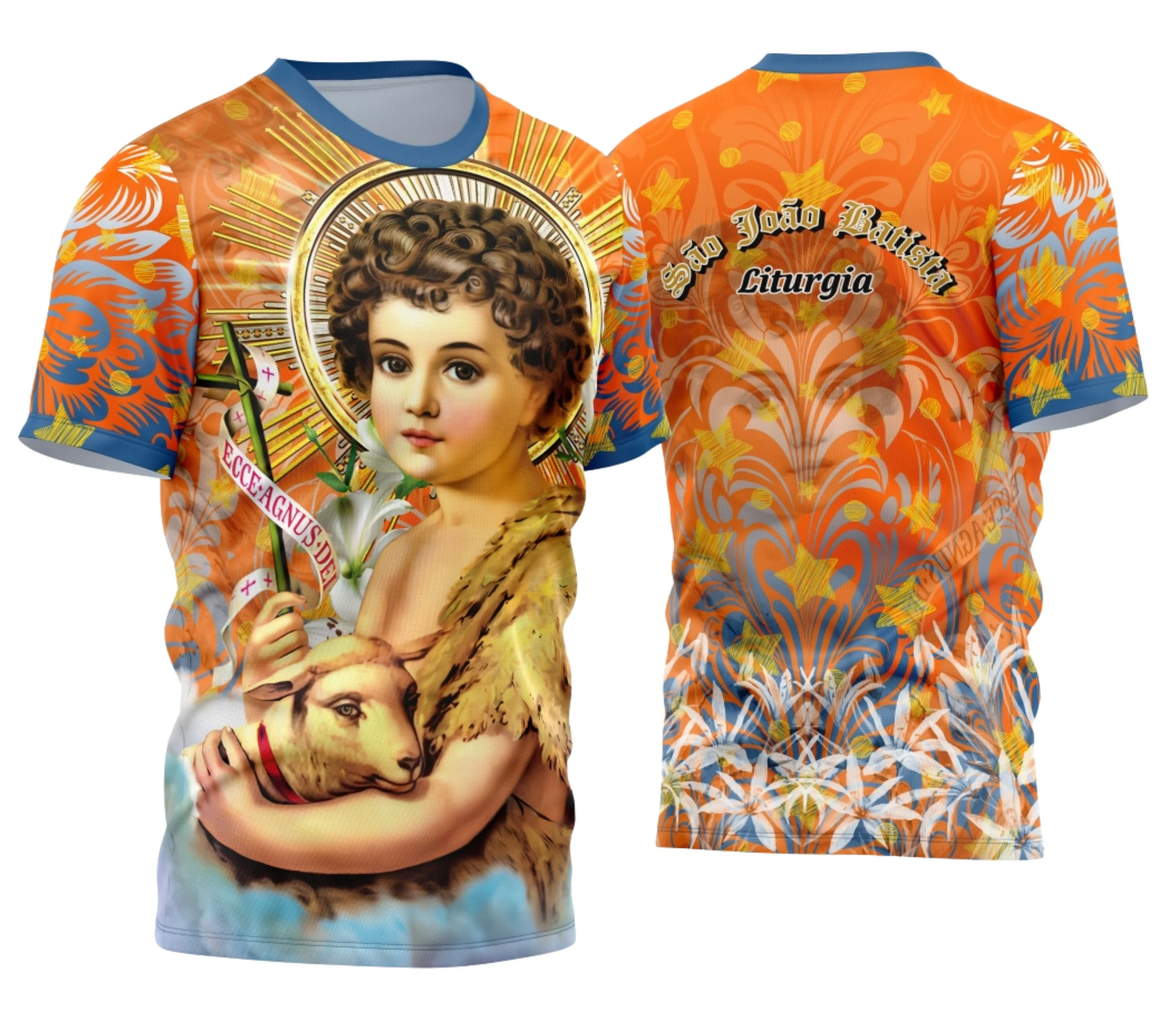 Camisa com logo no peito e estampa grande nas costas destacando São João Batista, em estilo religioso e moderno, perfeita para expressar fé com design marcante e elegante.