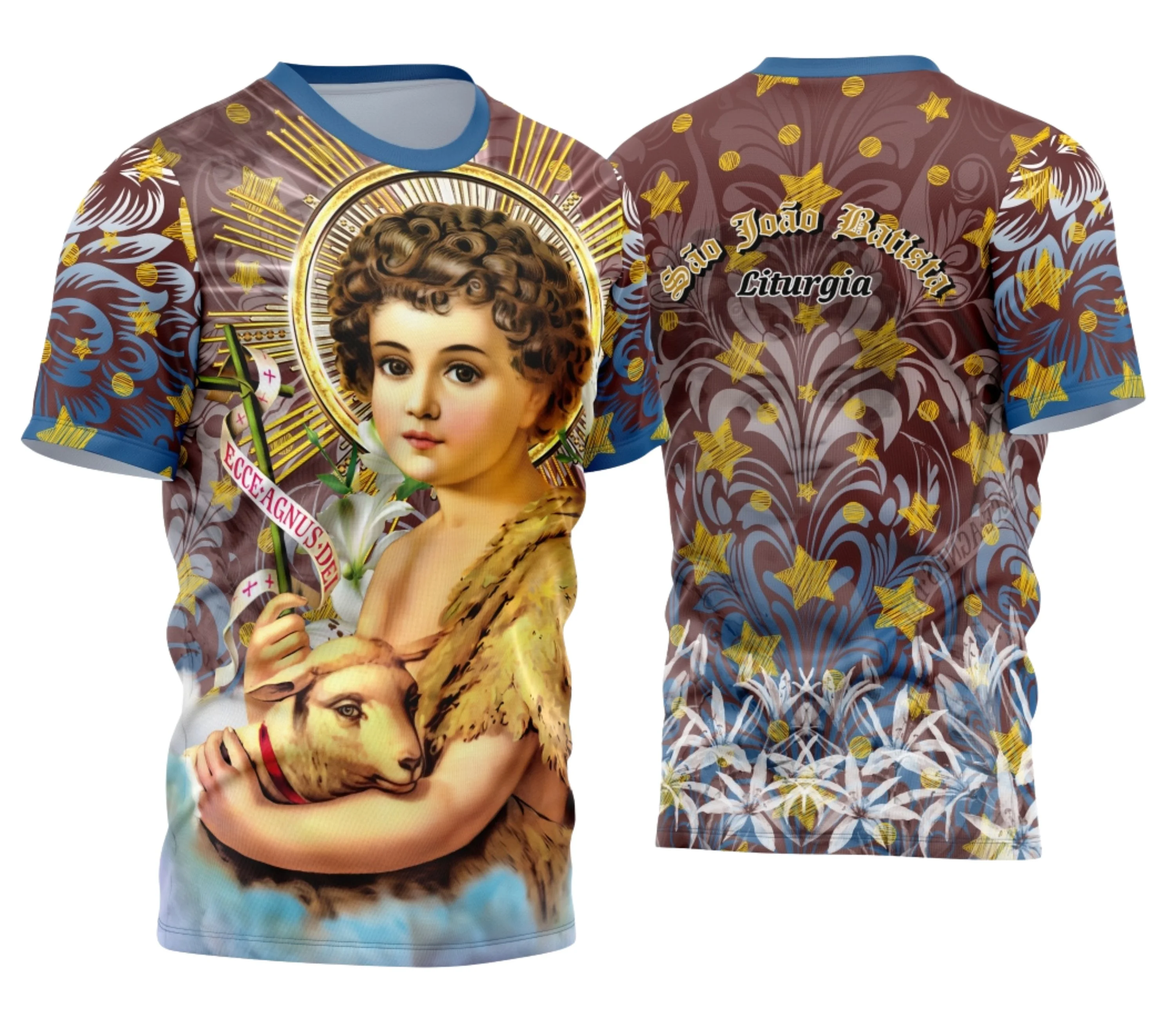 Camisa com logo no peito e estampa grande nas costas mostrando imagem de São João Batista em estilo religioso vibrante, cores harmoniosas que destacam a importância e a tradição da fé em 2025.