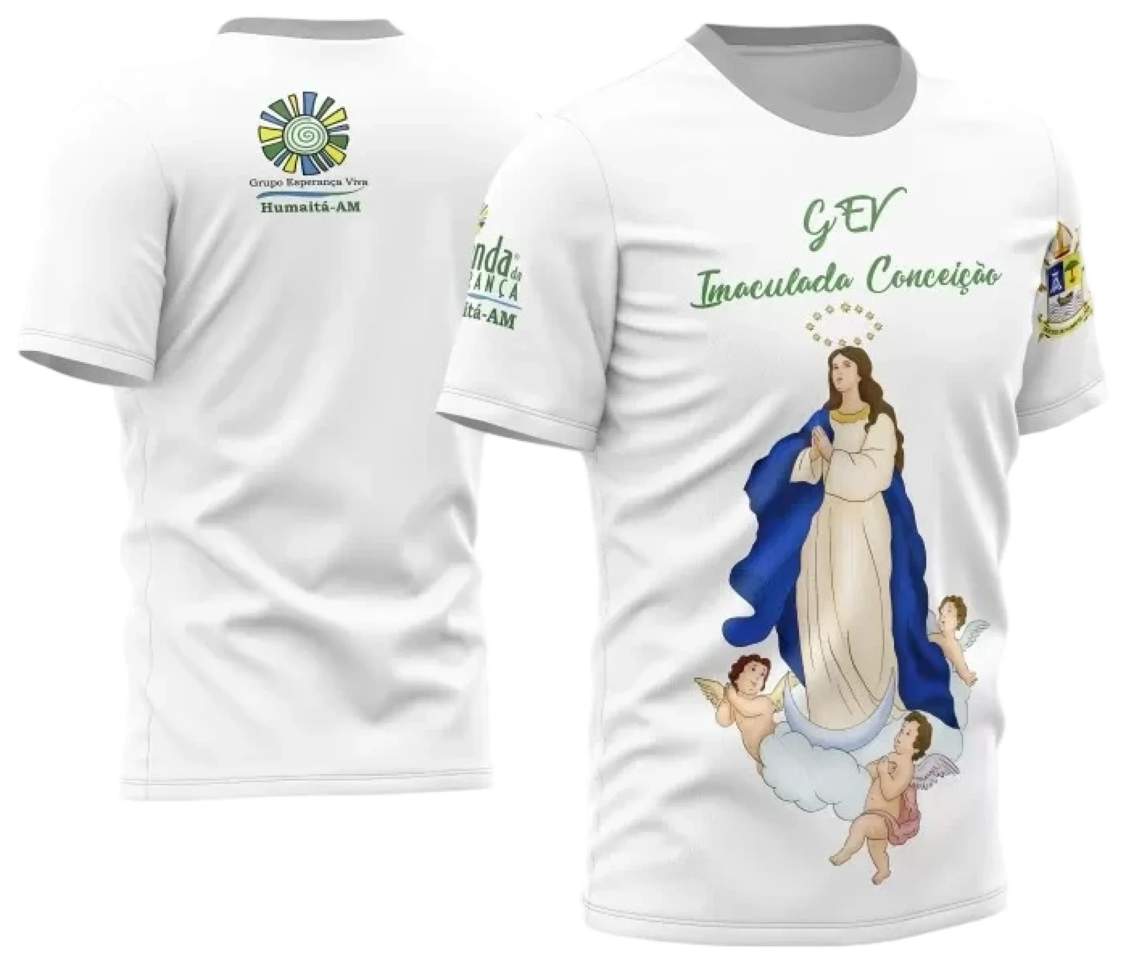 Camiseta unissex branca com logo no peito e estampa grande nas costas mostrando a Imaculada Conceição Branca, design elegante e iluminado perfeito para usar no dia a dia com estilo.