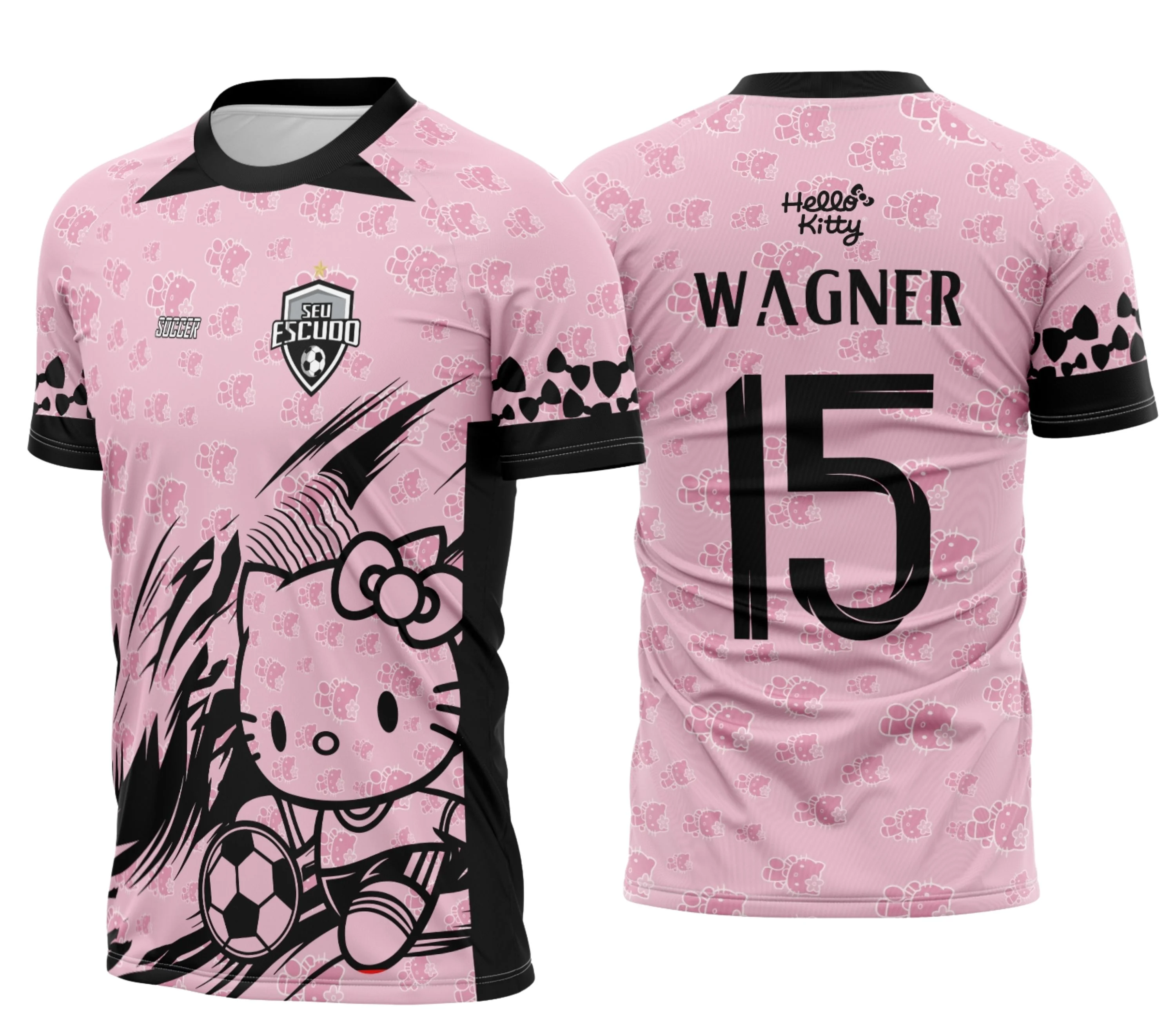 Camiseta unissex branca com logo no peito e estampa grande nas costas com tema Hello Kitty Interclasse 2025, estilo moderno e confortável para uso casual