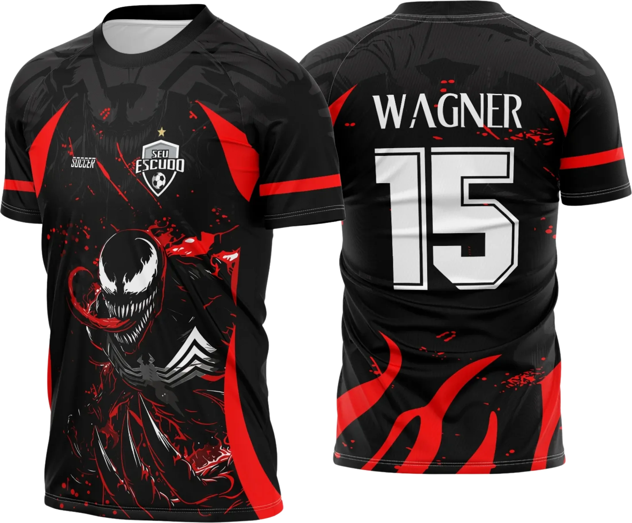 Camiseta unissex preta com logo no peito e estampa grande nas costas mostrando o tema Interclasse Venom Black Red 2025, ideal para quem busca estilo marcante e moderno.