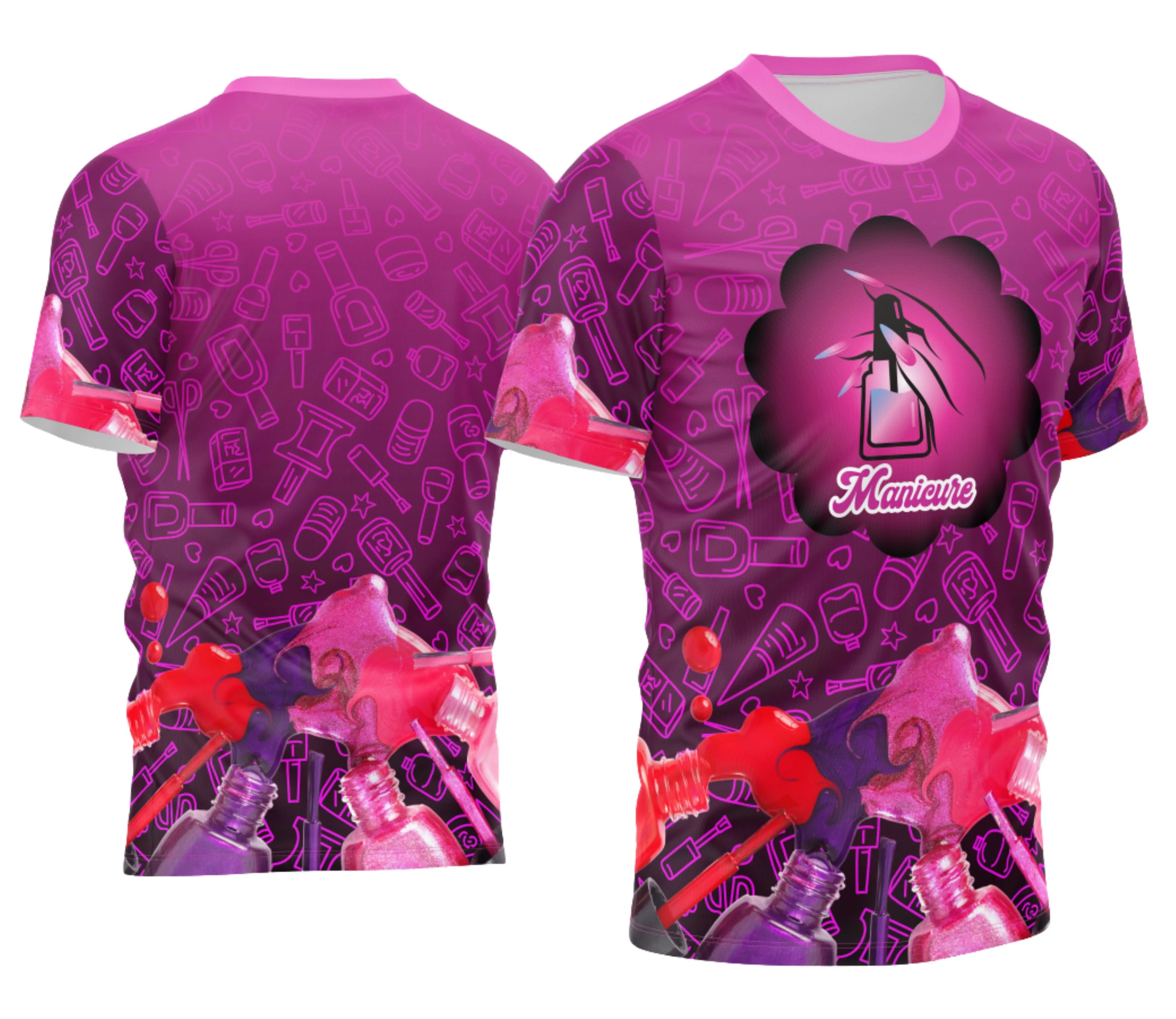 Foto de camiseta unissex preta com logo no peito e estampa grande nas costas sobre a profissão de manicure, ideal para quem valoriza o trabalho de cuidados das unhas.