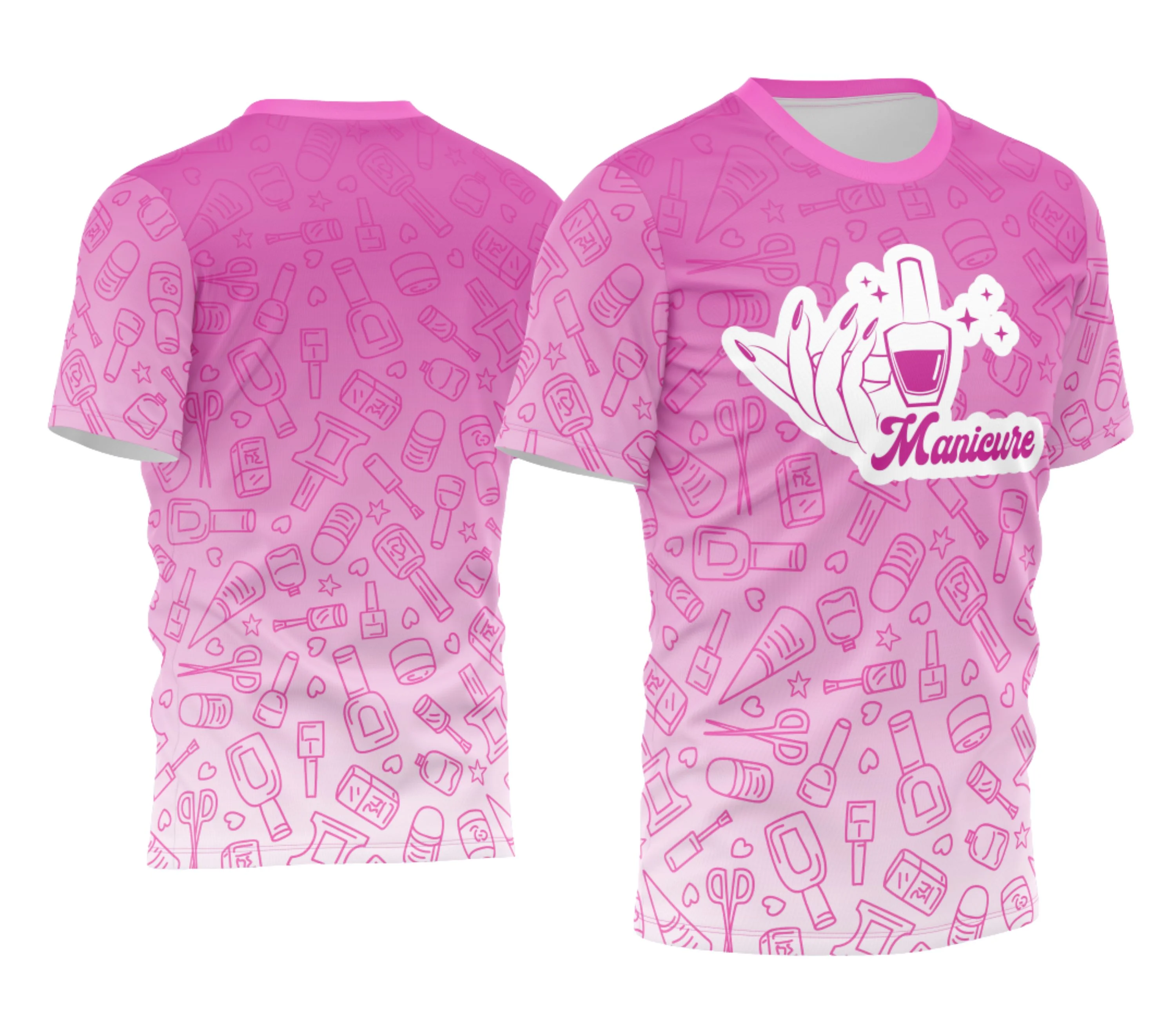 Camiseta unissex preta com logo no peito e estampa grande nas costas destacando o tema Manicure Profissão, perfeita para quem ama a arte do cuidado com as unhas.