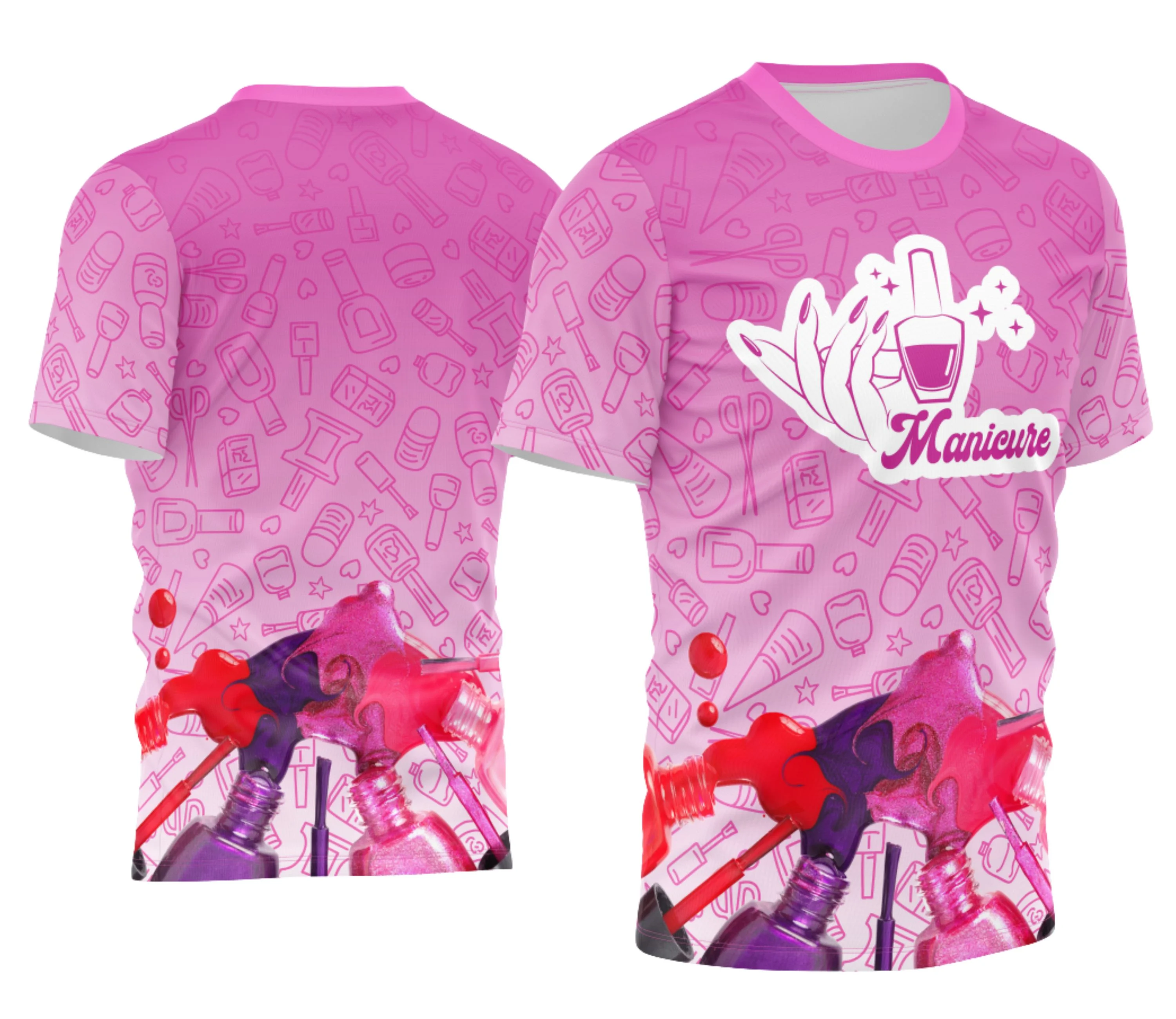 Foto de camiseta unissex preta com logo no peito e estampa grande nas costas com tema de manicure profissão, ideal para profissionais que querem mostrar orgulho na sua área.