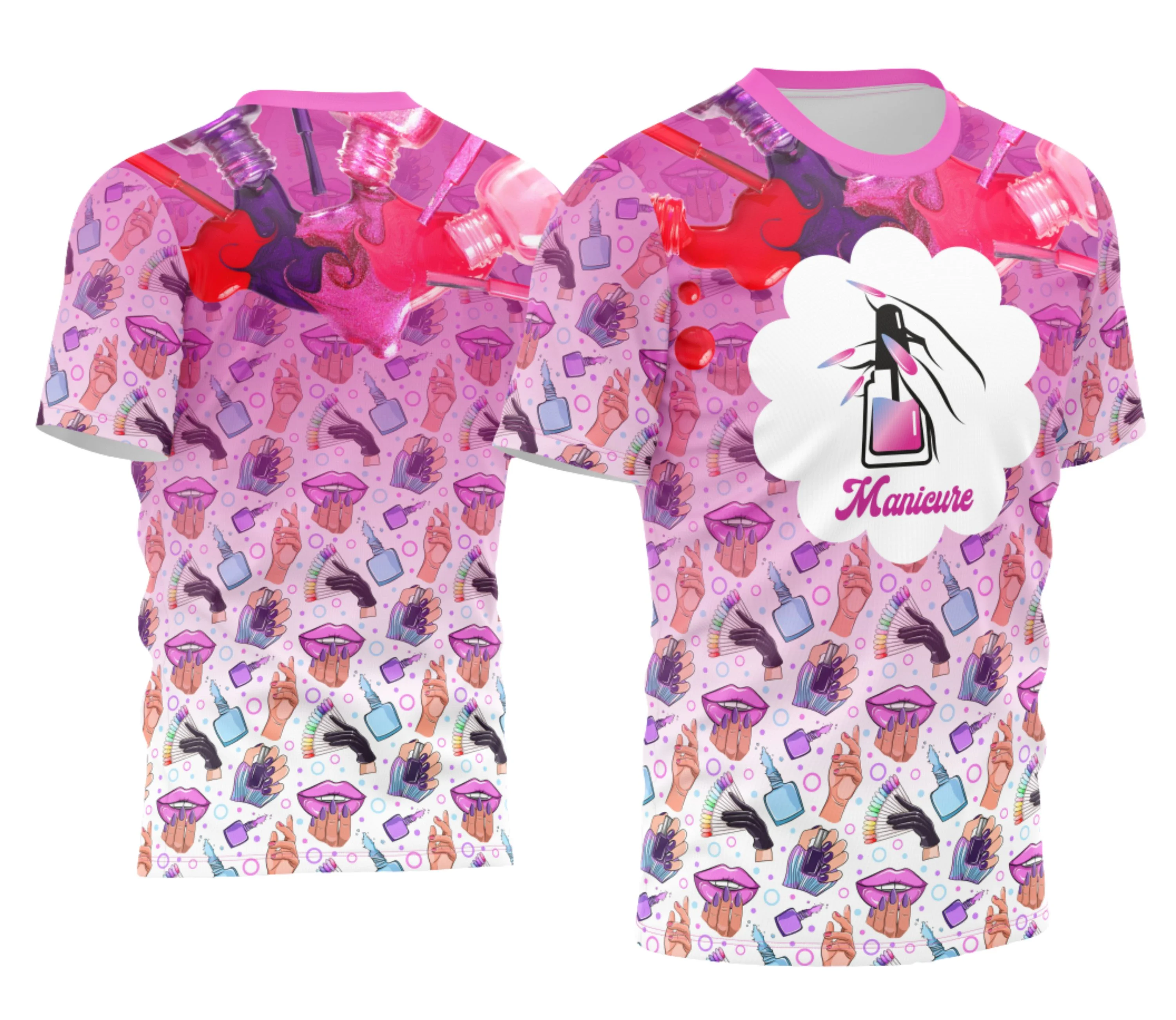 Camiseta unissex preta com logo no peito e estampa grande nas costas sobre profissão manicure, ideal para amantes da estética e cuidado das unhas.