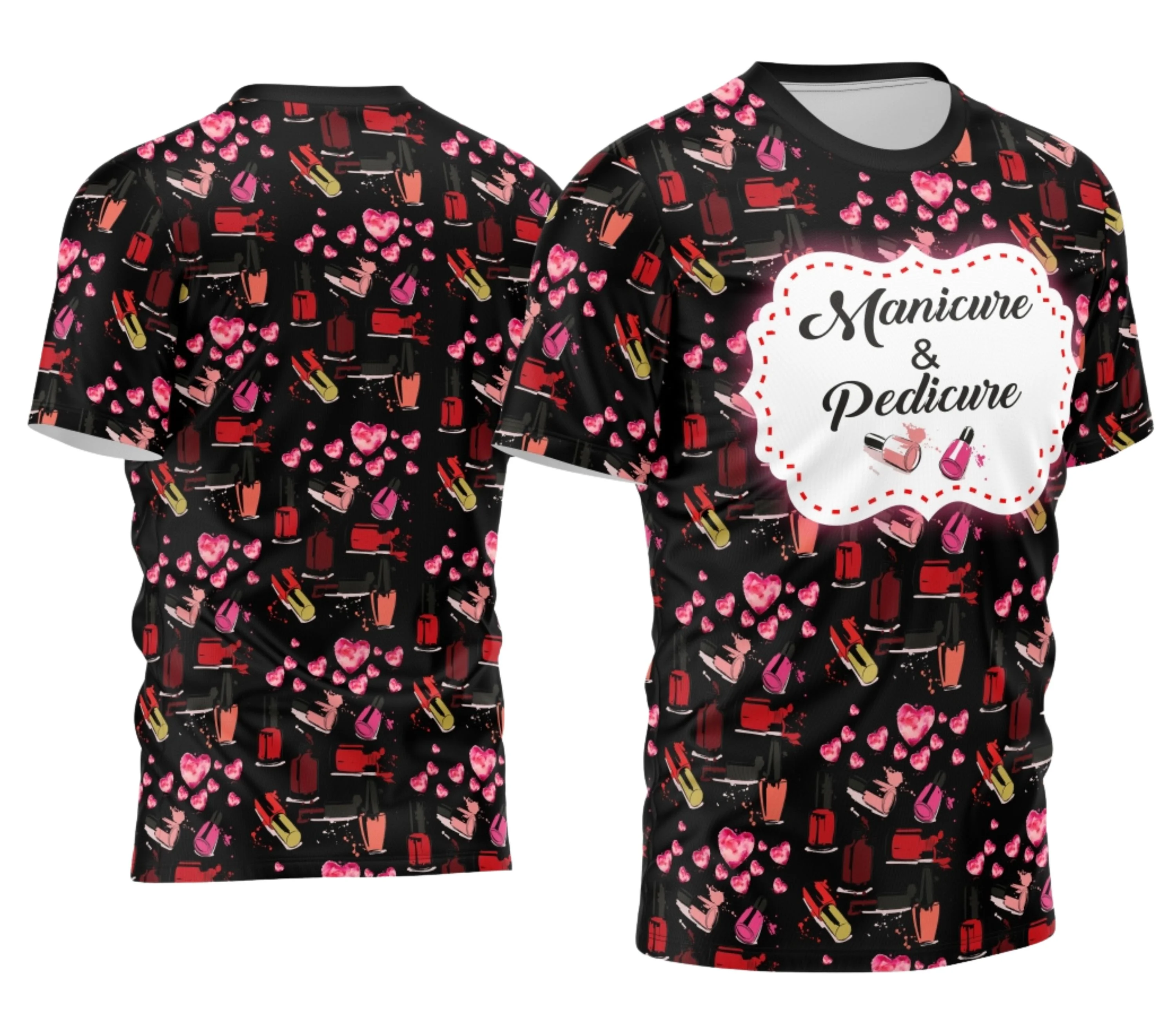 Camiseta unissex preta com logo no peito e estampa grande nas costas destacando a profissão de manicure, perfeita para profissionais e fãs da área unida ao estilo moderno.