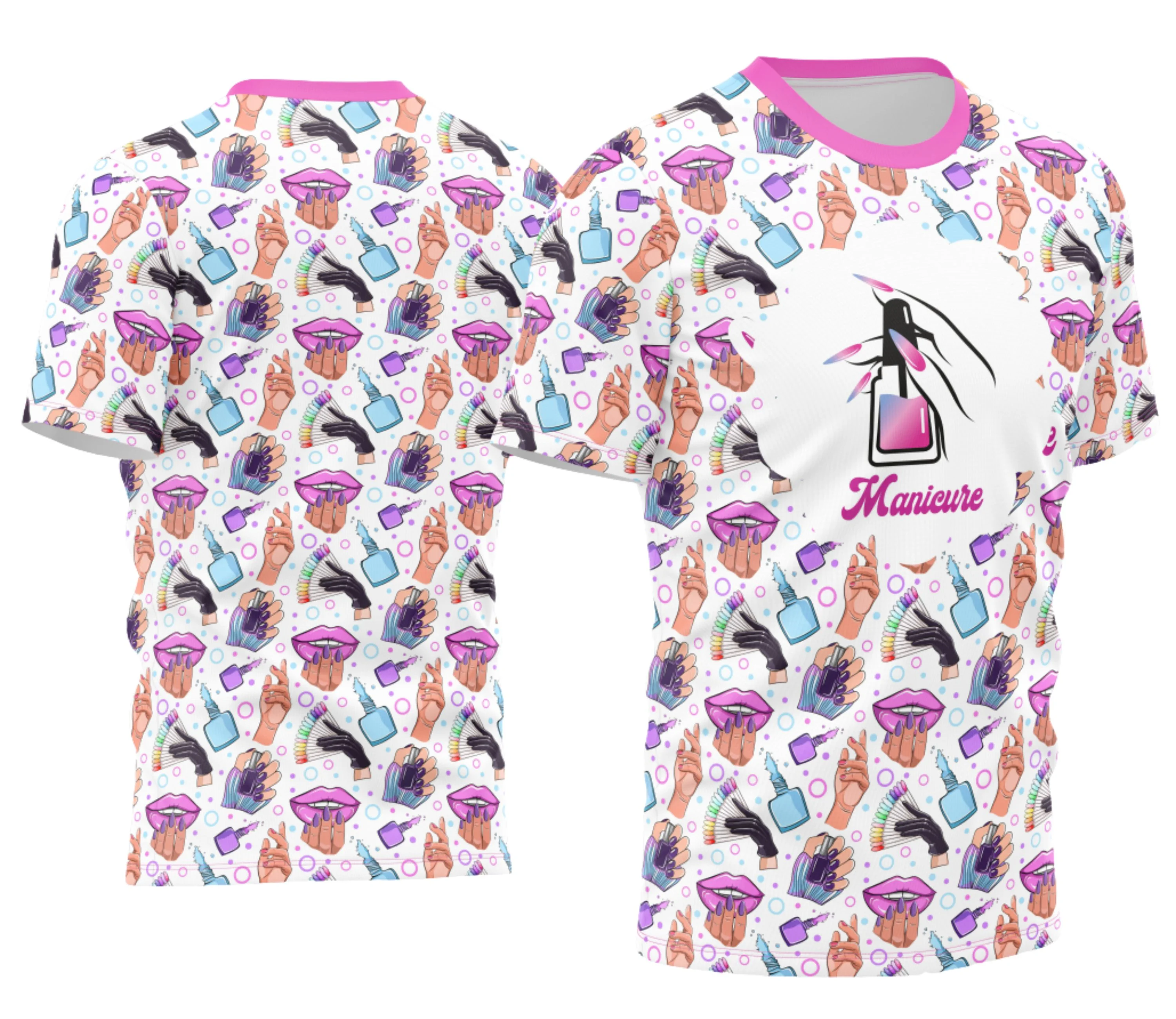 Camiseta unissex preta com logo no peito e estampa grande nas costas destacando a profissão de manicure, ideal para quem ama unhas e beleza.