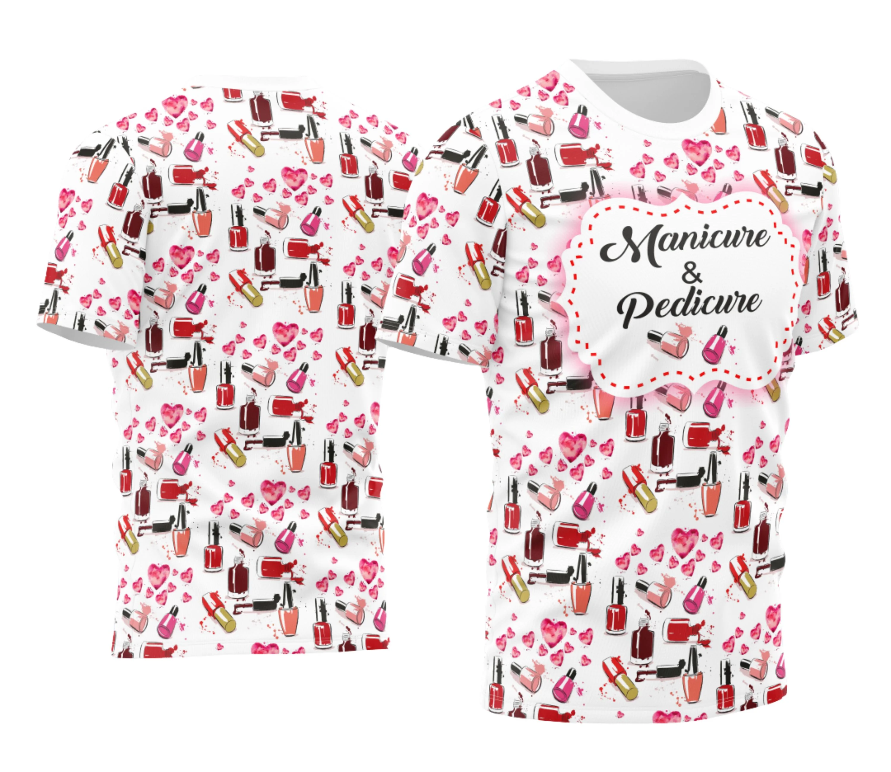 Camiseta unissex preta com logo no peito e estampa grande nas costas, temática de Manicure e Profissão, destacando cuidado e beleza das unhas, ideal para amantes da área.