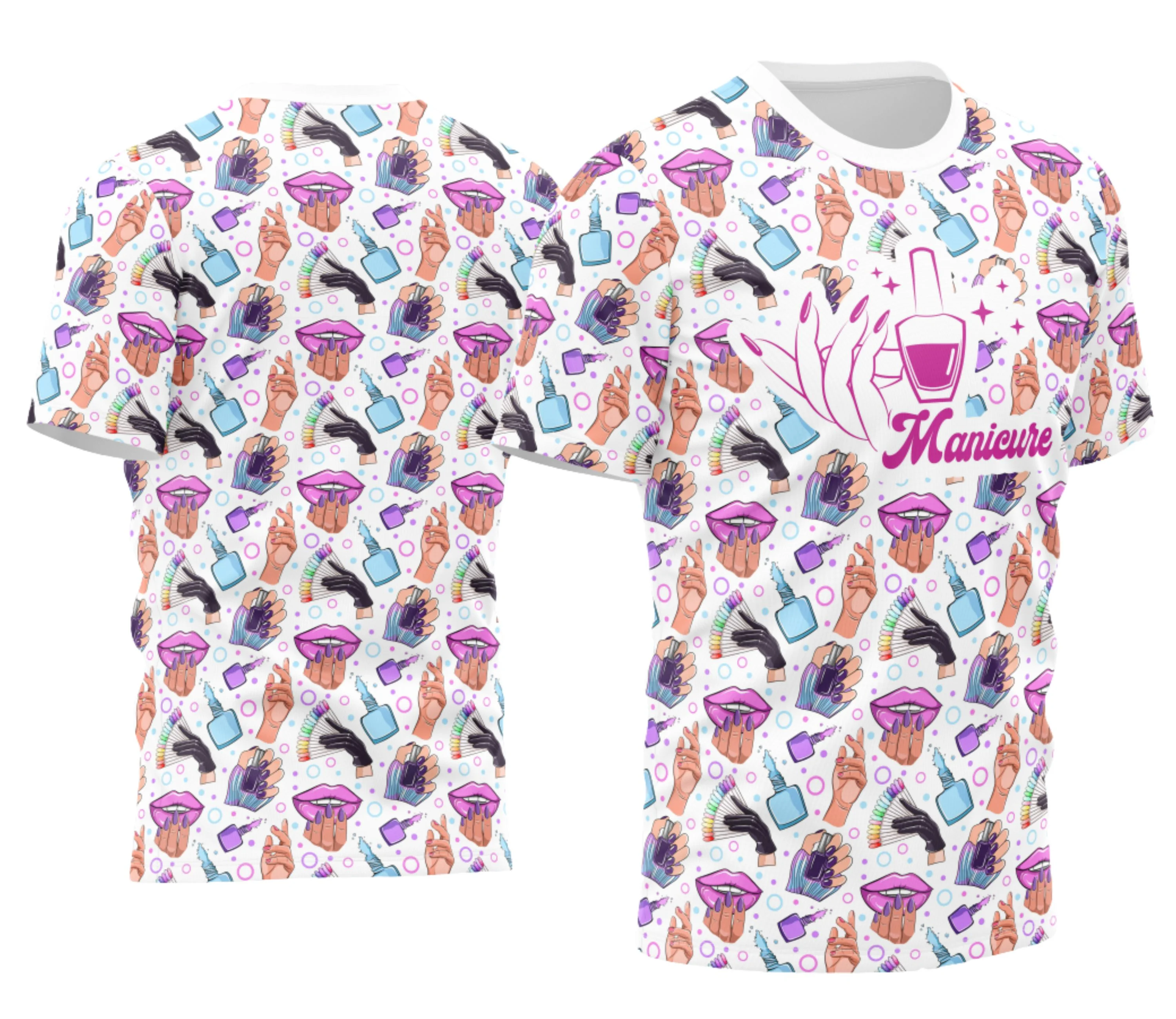 Camiseta unissex preta com logo no peito e estampa grande nas costas sobre a profissão de manicure, ideal para quem trabalha na área e quer mostrar orgulho da profissão.