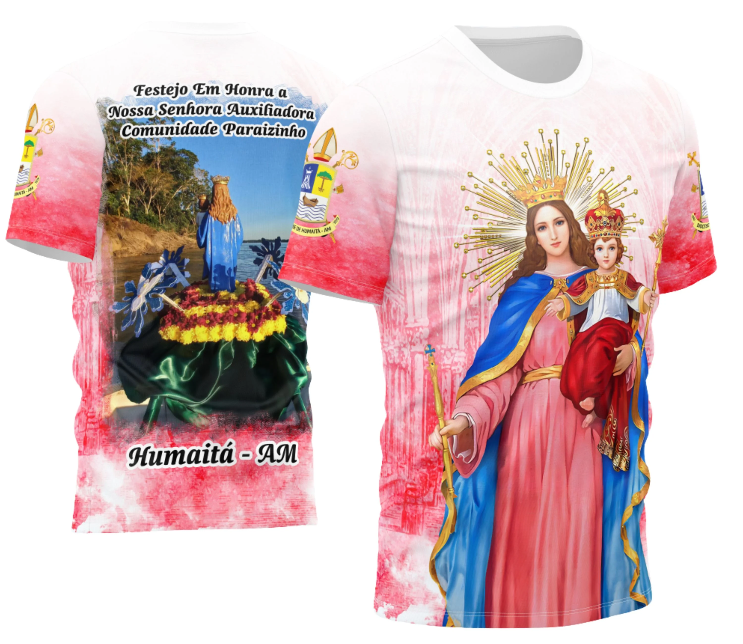 Camiseta unissex preta com logo no peito e estampa grande nas costas celebrando Nossa Senhora Auxiliadora, perfeita para momentos de fé e devoção.