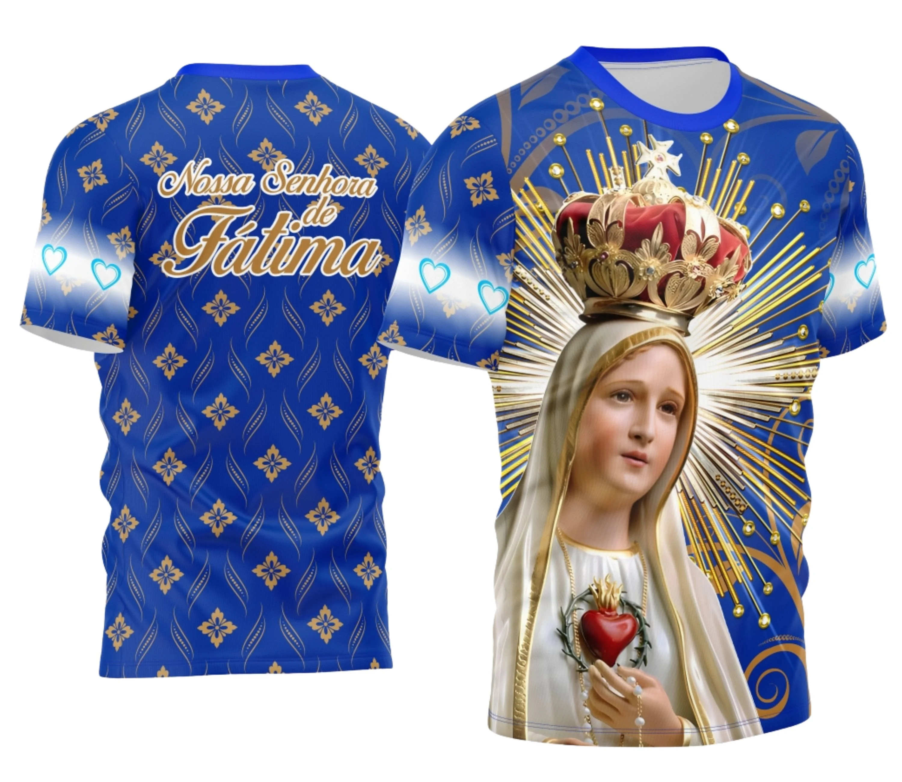 Camiseta unissex preta com logo no peito e estampa grande nas costas com a imagem de Nossa Senhora de Fátima, ideal para quem busca estilo devocional e conforto no dia a dia.
