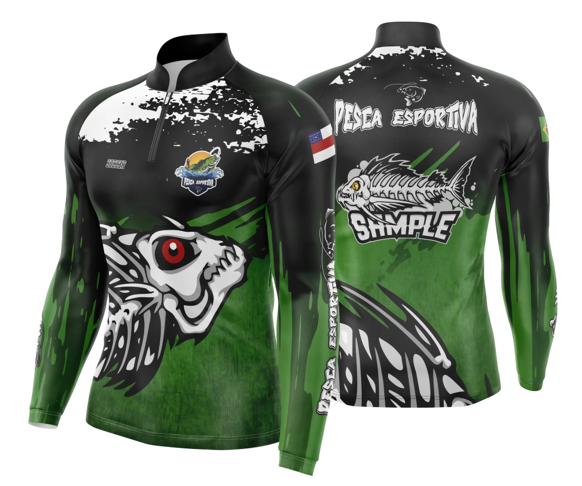 Camiseta preta unissex com logo no peito e estampa grande nas costas mostrando design de escama de peixe com tema de pesca fishing, perfeita para amantes do mar e aventura ao ar livre.