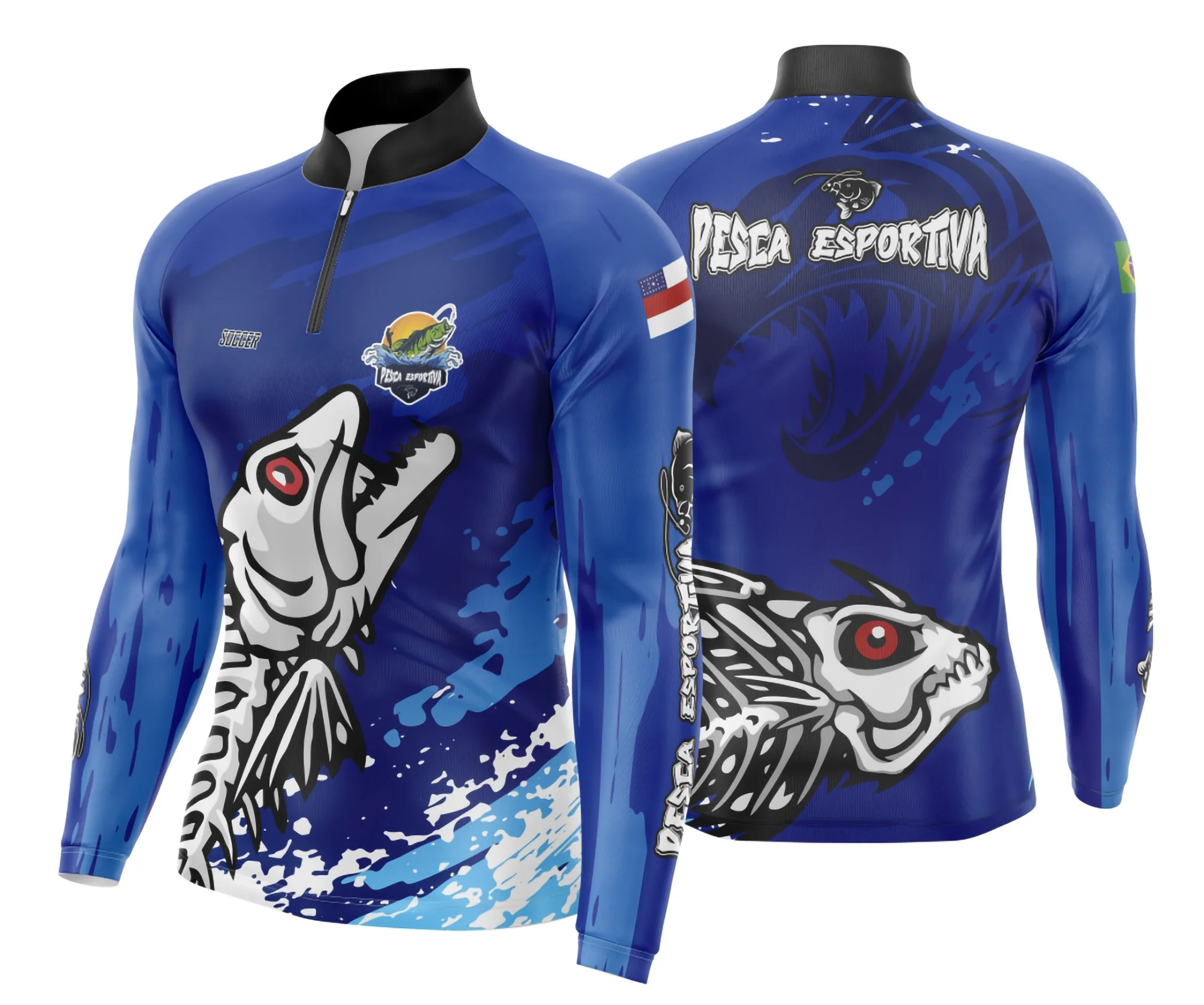 Camiseta unissex preta com logo no peito e estampa grande nas costas com tema de pesca e escama de peixe azul, ideal para amantes de pesca e estilo outdoor.