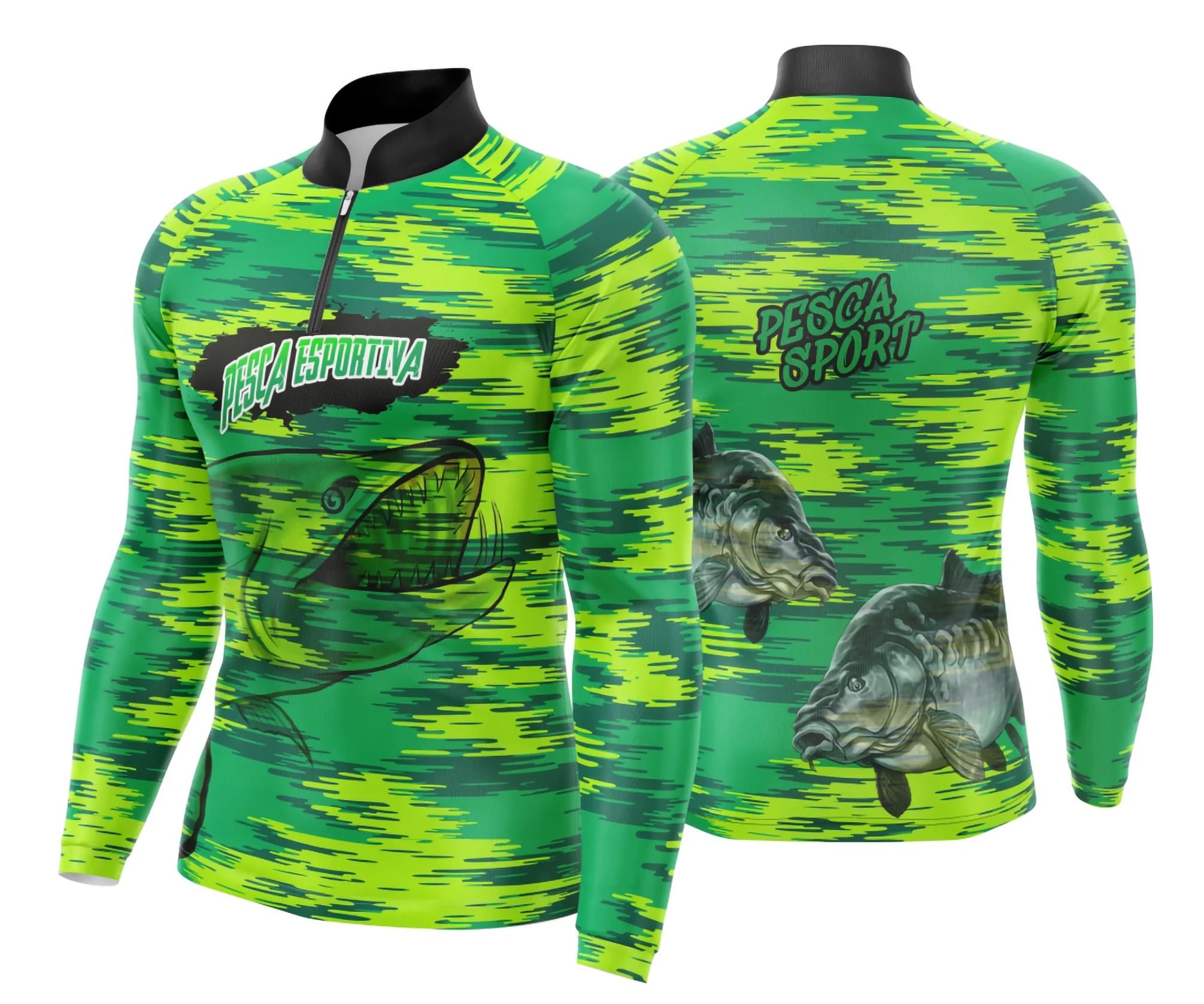 Camiseta unissex preta com logo no peito e estampa grande nas costas com tema de pesca esportiva, ideal para amantes do esporte e atividades ao ar livre.